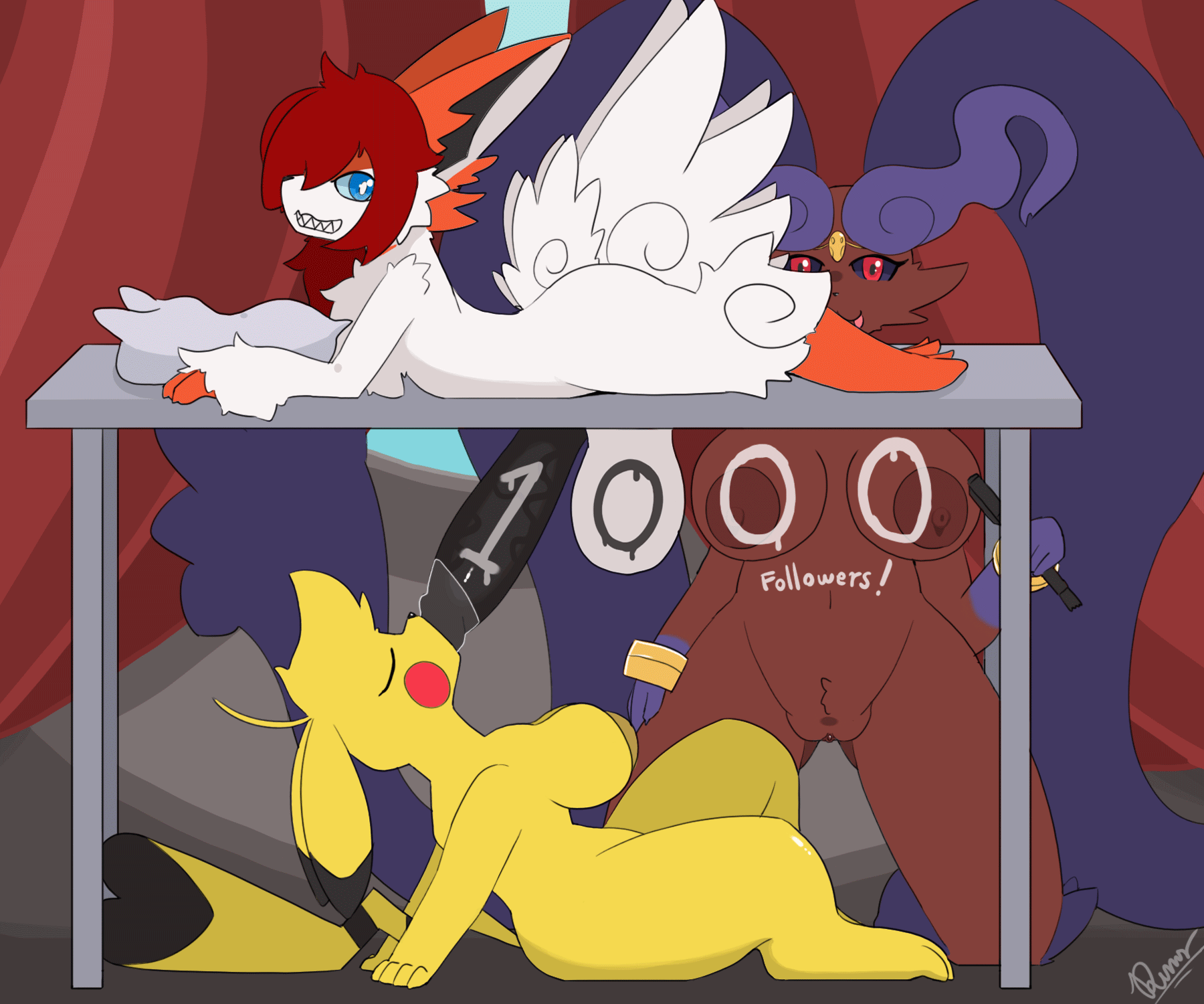 2d_animation 6:5 animated anthro ass balls being_watched belly big_ass big_balls big_belly big_breasts big_butt big_penis blue_eyes bodily_fluids breasts closed_eyes cock-tail cosplay_pikachu cosplay_pikachu_(character) cuckquean dengon fellatio female furniture furry generation_4_pokemon generation_5_pokemon genital_fluids genitals geno_za_warudo gif group group_sex hi_res huge_balls huge_cock larger_female legendary_pokemon looking_at_viewer loop lopunny lying male male/female milking_table milking_therapy nintendo oral penile penis pikachu pillow pokemon pokemon_(species) precum pussy red_eyes saliva saliva_on_penis sex short_playtime simple_background size_difference smaller_male table text thick_thighs tongue tongue_out trio under_the_table victini