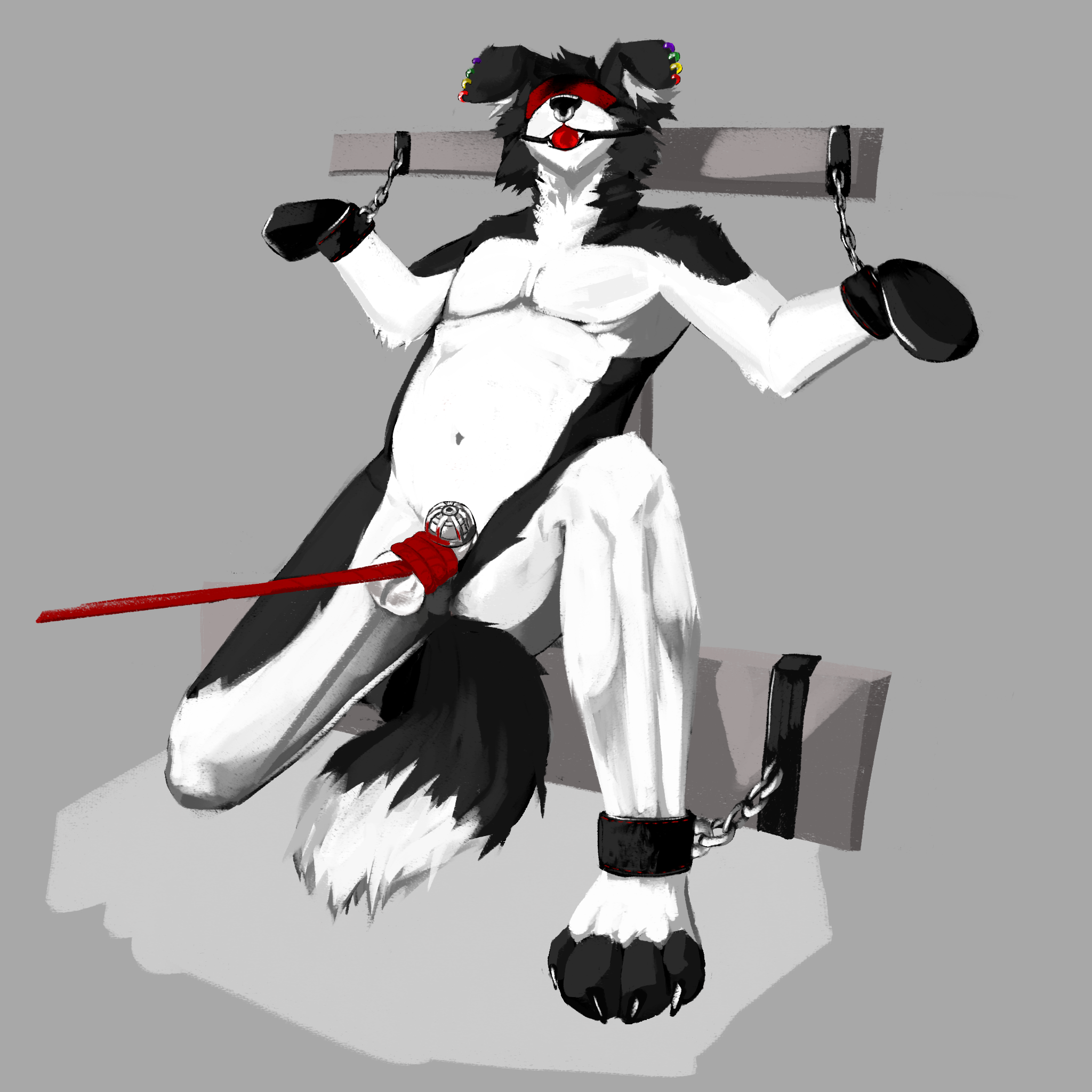 hi res, anthro, ball gag, ball tugging, bodily fluids, canid, canine, canis...