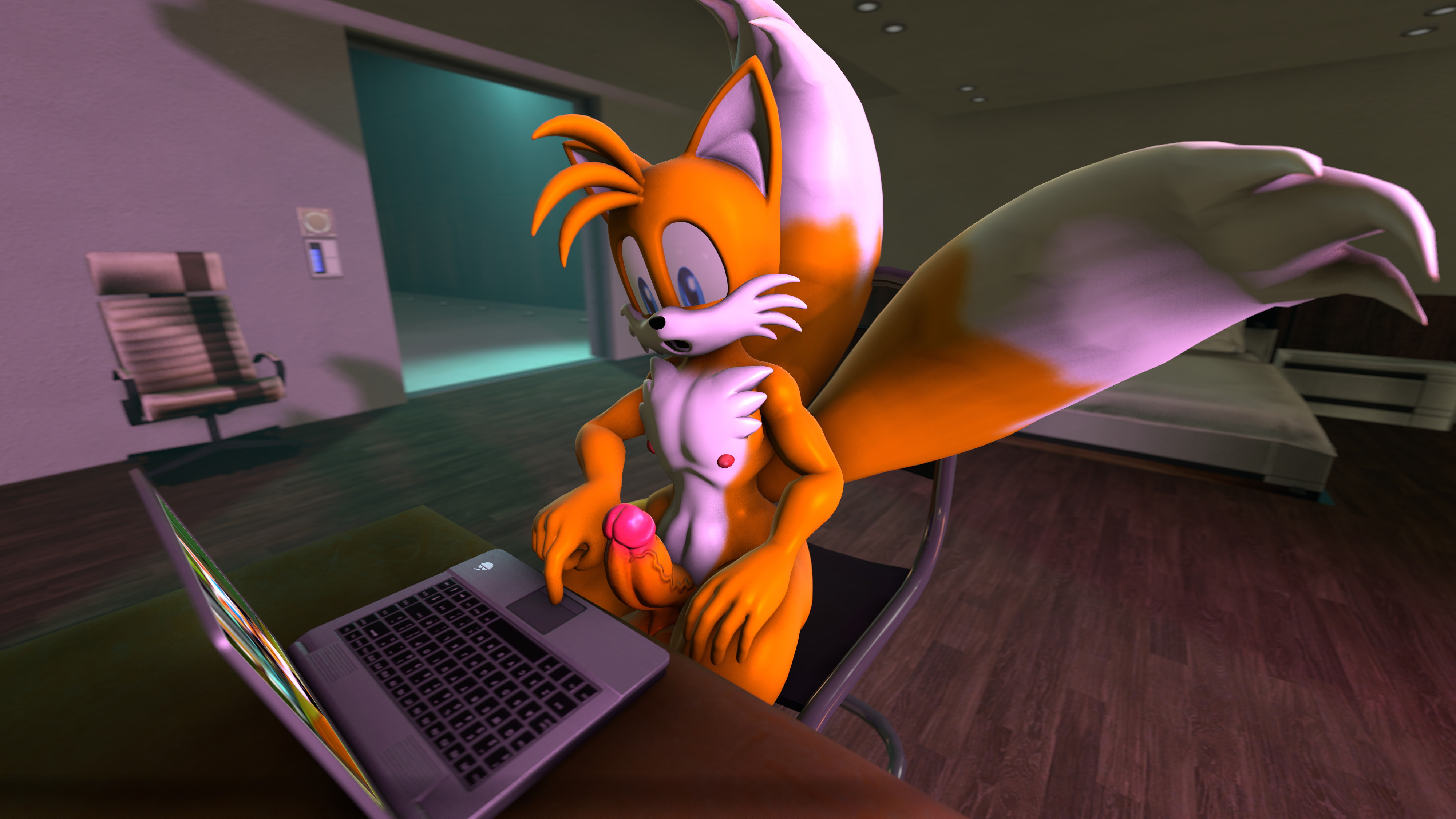 shocking (artist), rouge the bat, tails, sonic (series), 2017, bat, bed, bedroom, big penis, blue eyes, canine, chair, computer, duo, erection, fox, fur, laptop, male, male only, mammal, multi tail, nipples, nude, penis, sitting, solo focus, 