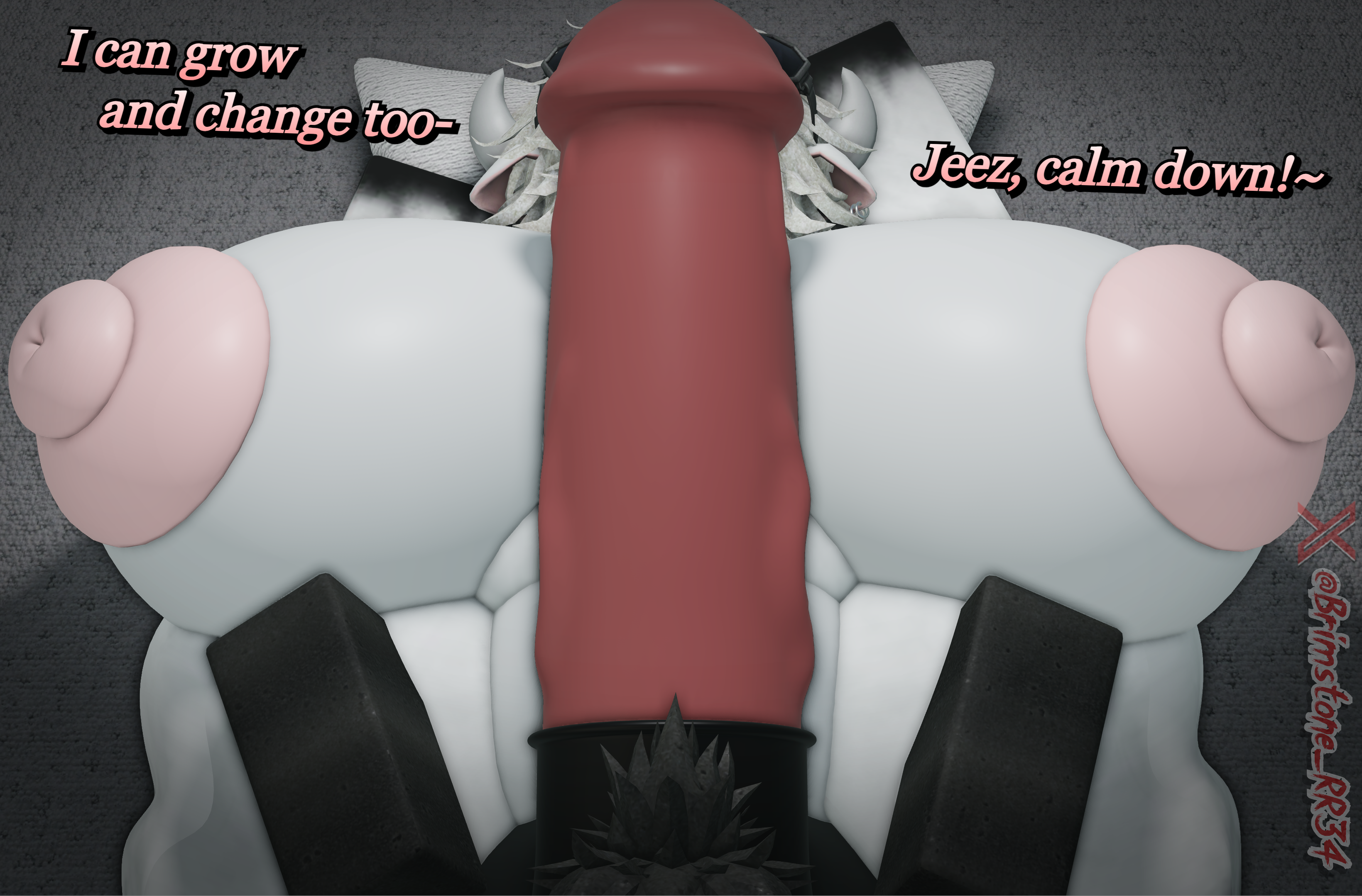 roblox, 3d, text, watermark, ass, bbw, belly, big ass, big breasts, big butt, big penis, black hooves, black penis, breast growth, breasts, brimstone rr34, cow ears, cow horns, dialogue, fat belly, goggles on head, growth, hands up, huge boobs, huge breasts, humanoid penis, logo, lying down, lying on back, maggie (brimstone rr34), penis growth, penis on pussy, penis transformation, piercing, pink areola, pink nipples, pov, pov male, pubic hair, snout, snout piercing, spread legs, spreading legs, thick thighs, thighs, white fur, white hair, 