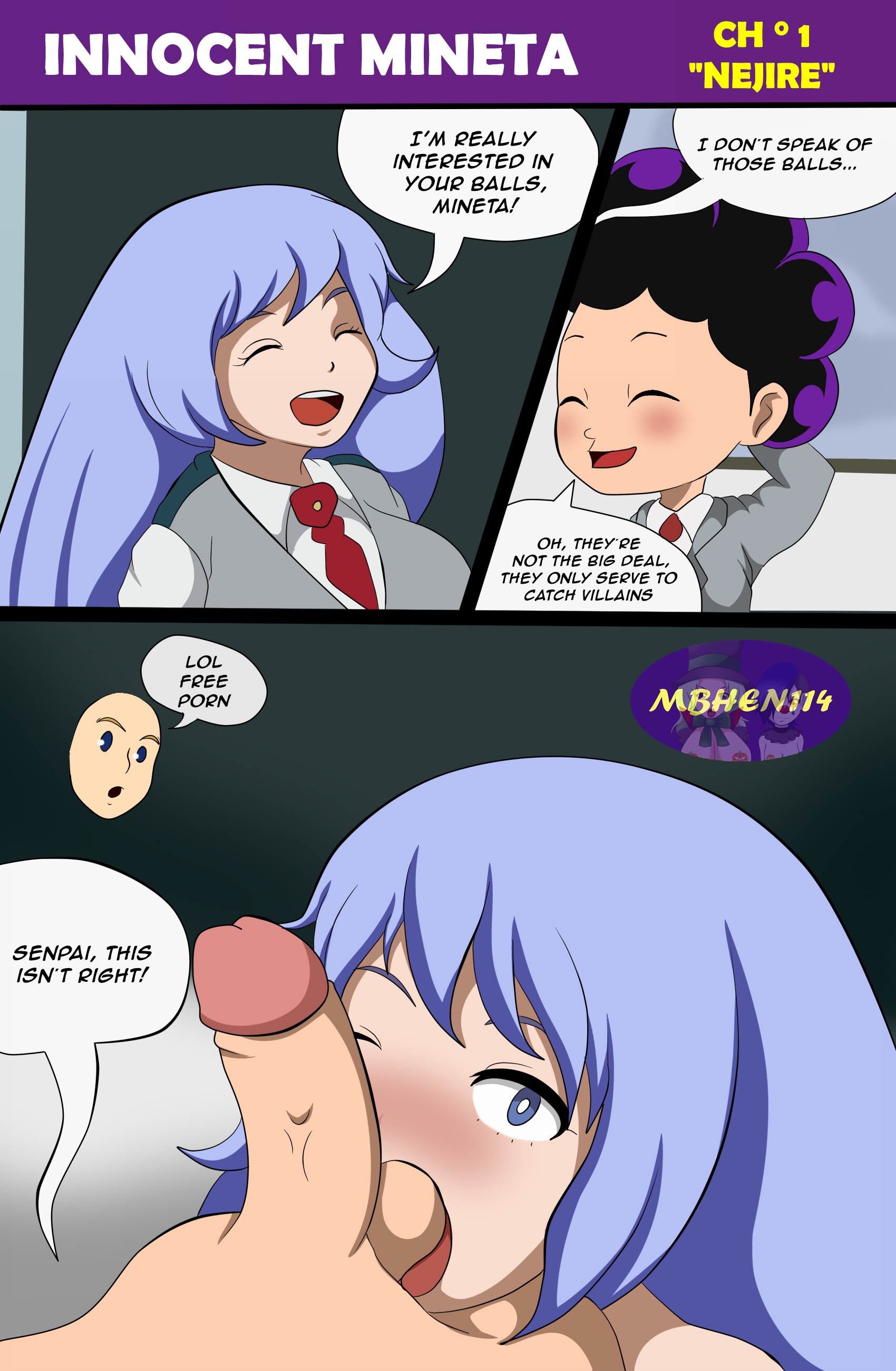 mbhen114, hadou nejire, minoru mineta, my hero academia, colored, digital drawing (artwork), english text, speech bubble, text, ball sucking, balls, blue eyes, blue hair, blush, clothed female nude male, dialogue, fellatio, female, funny, hetero, instant loss 2koma, joke, licking balls, male, oral, oral sex, peeping tom, penis, smaller male, straight, straight sex, voyeur, voyeurism, watching, wink, 