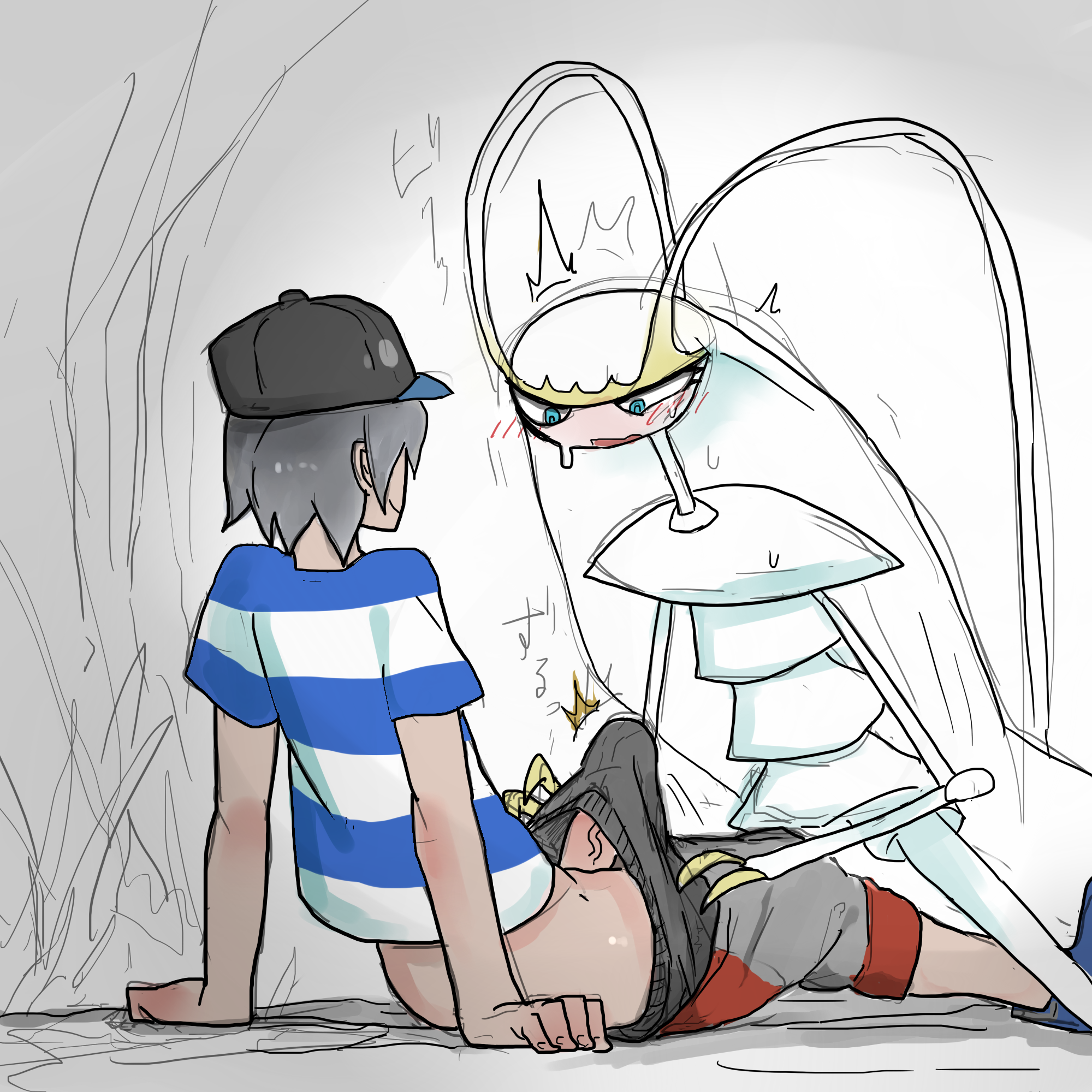 nishikun, elio (pokemon), male protagonist (pokemon sm), pheromosa, nintendo, pokemon sm, 2016, hi res, japanese text, text, 1boy, arm support, arthropod, blue eyes, blush, clothed, clothing, duo, erection, female, hat, human, imminent sex, insects, interspecies, male, male human/female pokemon, mammal, partially clothed, penis, pokemon, pokephilia, sitting, sweat, sweatdrop, tenting, trembling, veins, veiny penis, video games, 