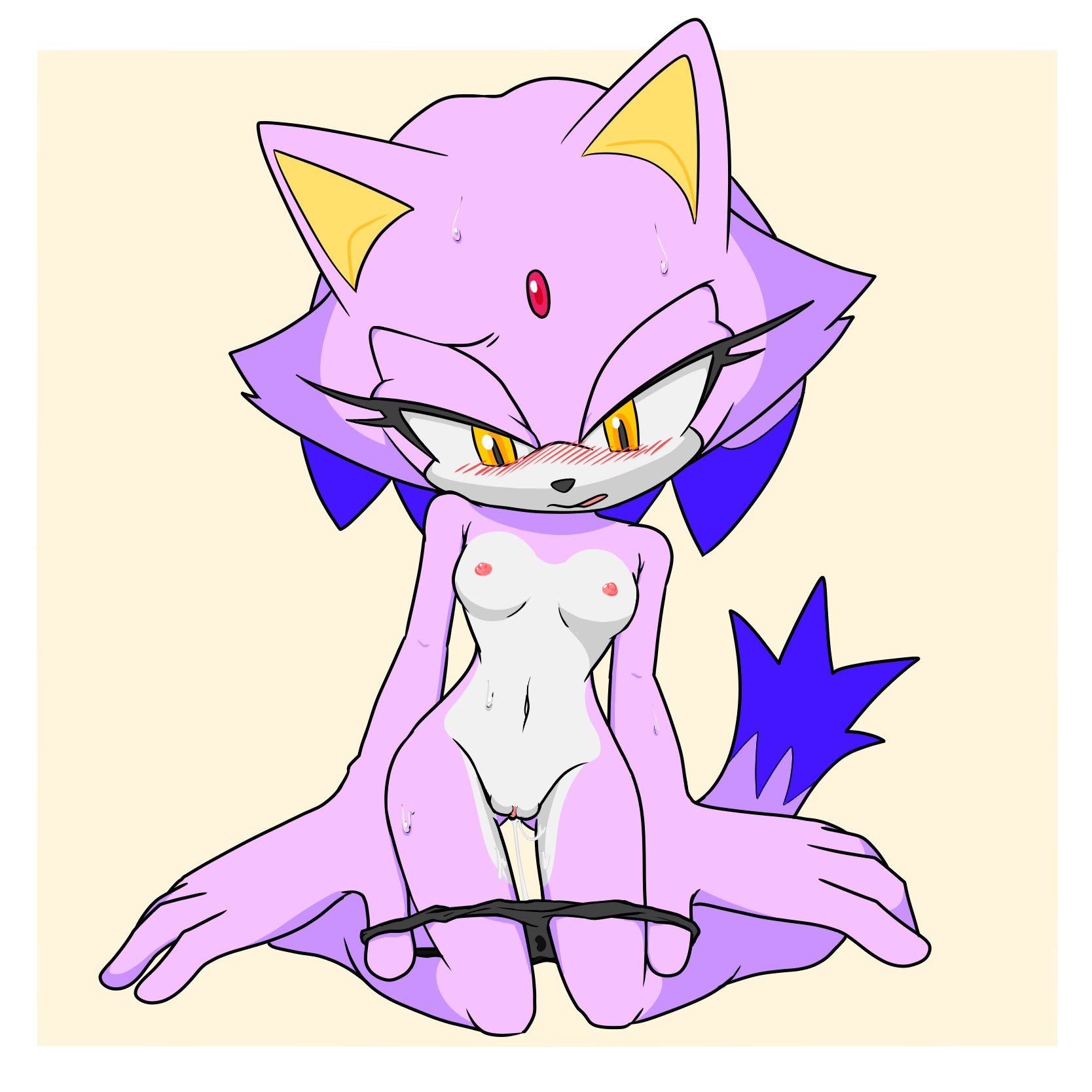 blaze the cat, sega, sonic the hedgehog (series), 1:1, hi res, anthro, areola, black clothing, black panties, black underwear, bodily fluids, breasts, butt from the front, clothed, clothing, curvy figure, domestic cat, dripping pussy, eyelashes, felid, feline, felis, female, fixink, forehead gem, fur, genitals, hourglass figure, kneeling, lidded eyes, looking down, mammal, mostly nude, multicolored body, multicolored fur, navel, nipples, open mouth, panties, panties down, partially clothed, purple body, purple fur, pussy, raised shoulders, shy, small breasts, solo, sweat, thigh gap, underwear, underwear down, undressing, white body, white fur, wide hips, yellow eyes, 
