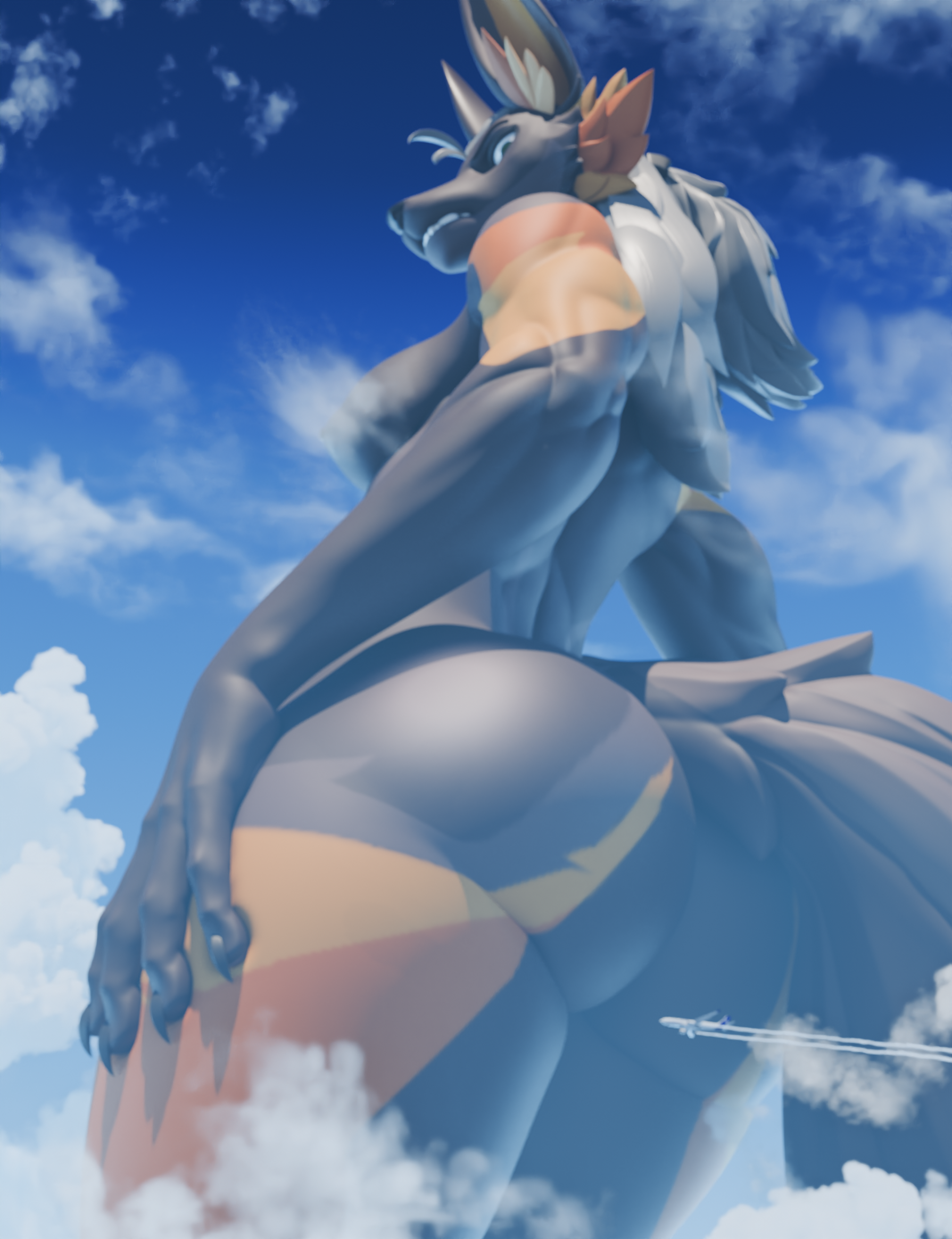 aircraft airplane angry annoyed anthro ass breasts canid canine cloud female fox hi_res kaiju looking_down looming low-angle_view macro mammal nude rear_view sakuthecat size_difference solo vehicle