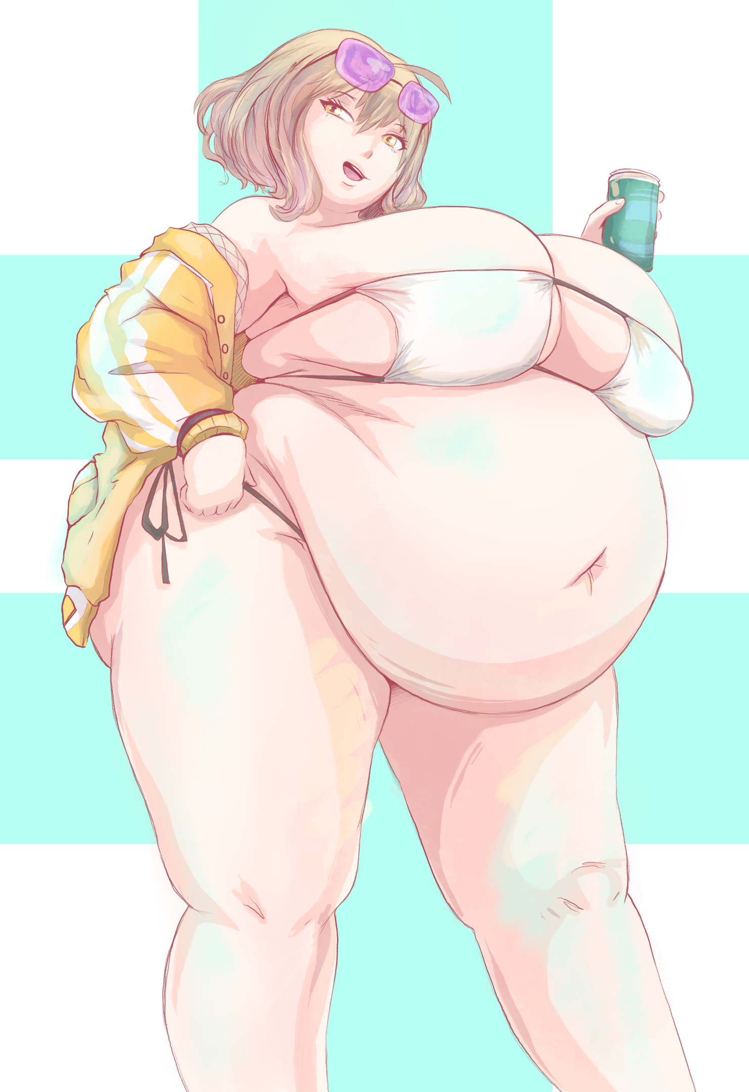 1girls anis_(nikke) bbw bikini fat fat_female fat_fetish female goddess_of_victory:_nikke gorgeouswaifudom huge_belly soda soda_can sunglasses