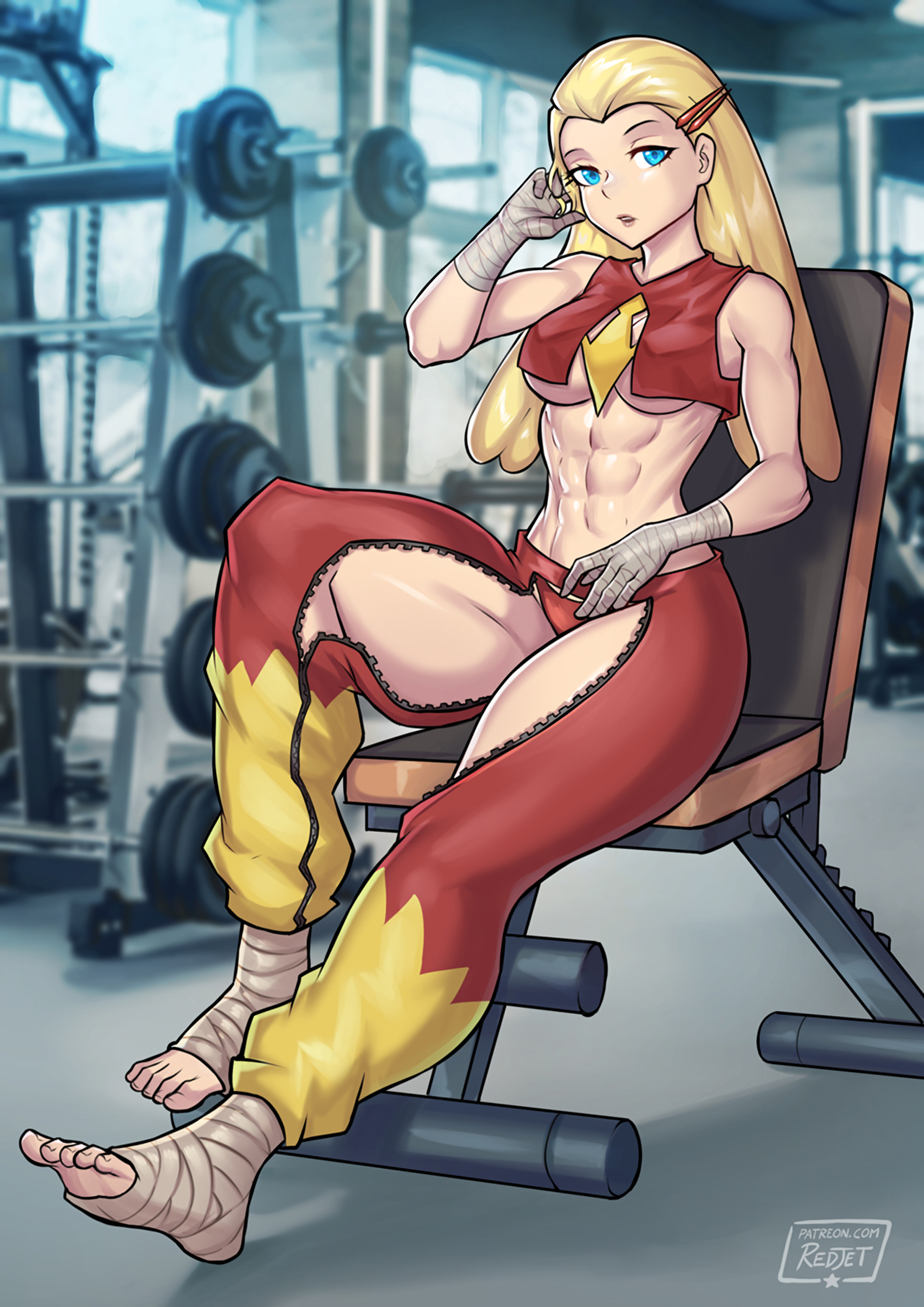 5_fingers 5_toes abs baggy_pants bandage blaziken blonde_hair blurry_background breasts clothes clothing exercise female female_only fit fit_female game_freak gen_3_pokemon gijinka hi_res highres humanized humanized_pokemon looking_at_viewer nintendo pokemon pokemon_(species) redjet solo thong underboob weight_bench weights zipper zipper_down