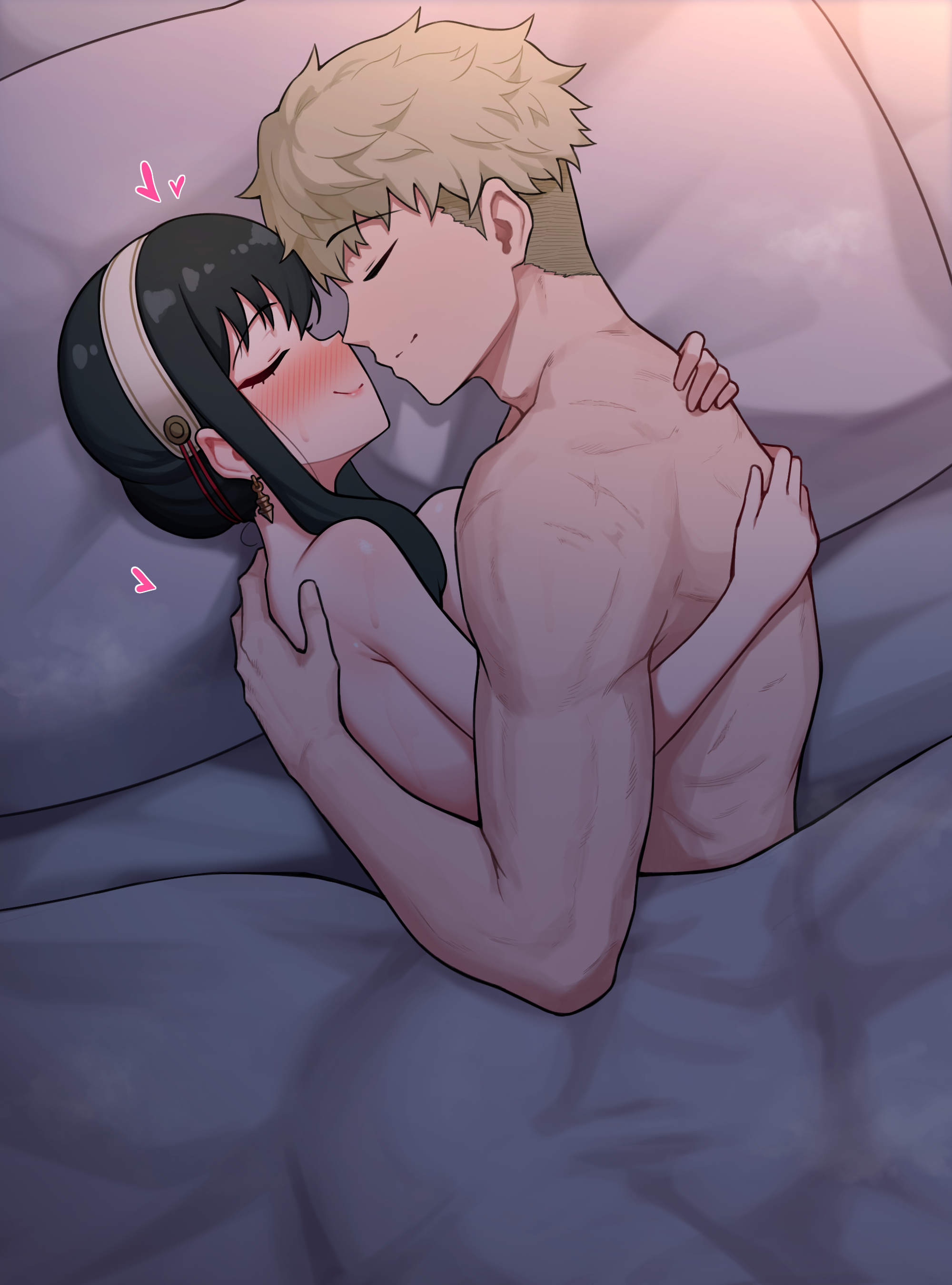 spy x family, absurd res, hi res, 1boy, 1girls, after sex, areolae, ass, black hair, blanket, blonde hair, blush, breasts, earrings, embrace, female, happy, hug, huge breasts, husband and wife, jewelry, large ass, large breasts, loid forger, long hair, male, navel, nipples, nude, nude female, pillow, poper, red eyes, sitting, straight, sweatdrop, thick thighs, thighs, uncensored, wholesome, wide hips, yor briar, 