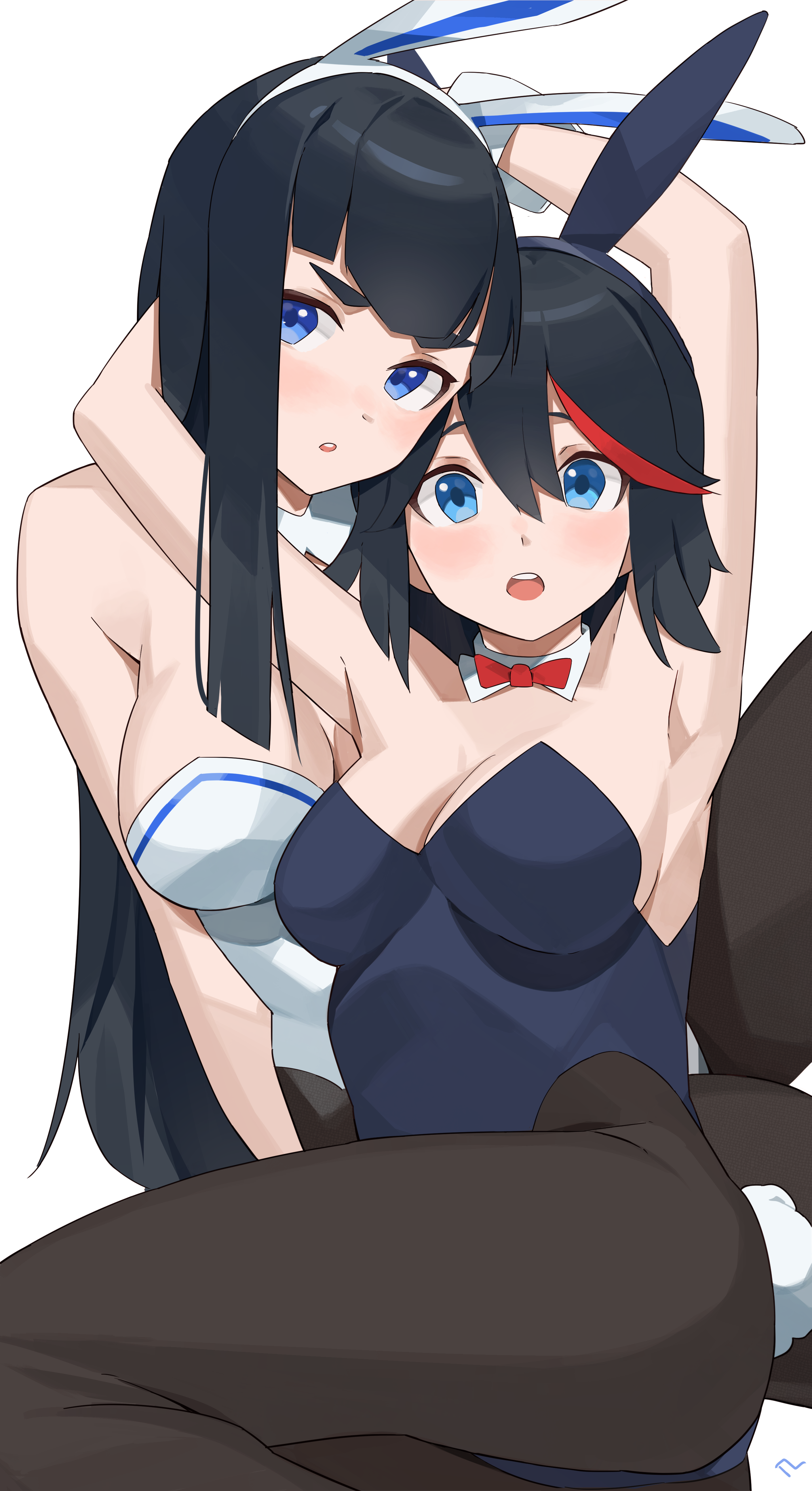 kiryuuin satsuki, matoi ryuuko, kill la kill, 2girls, blue eyes, bunny ears, bunnysuit, dark hair, long hair, short hair, t-lex, 