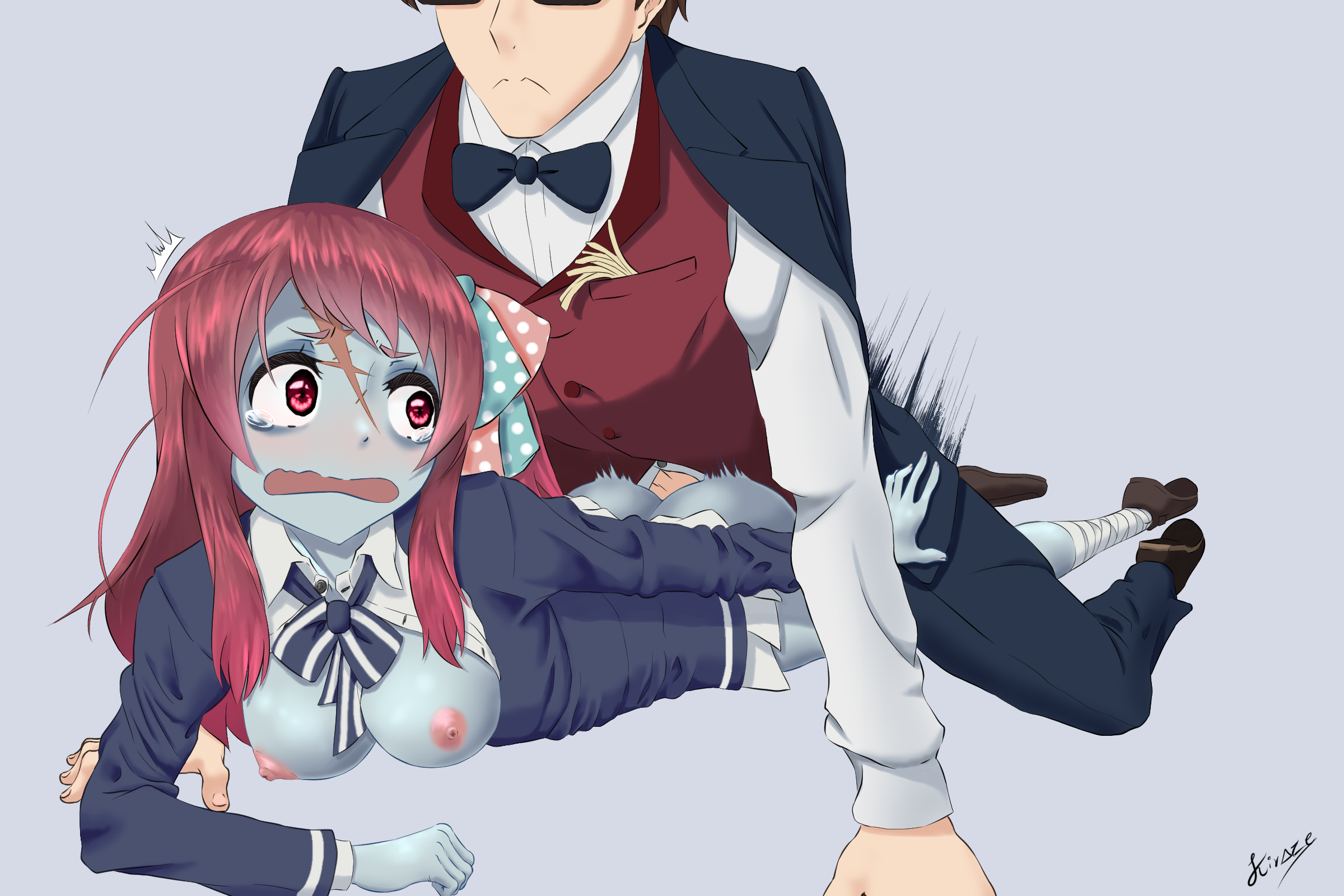 minamoto sakura, tatsumi koutarou, zombieland saga, highres, 1boy, ass, blazer, blue skin, blush, breasts, clothed sex, clothing, exposed breasts, female, from behind, idol, jacket, kiraze, long hair, male, necrophilia, nipples, open mouth, penetration, prone bone, red eyes, red hair, scar, scared, sex, skirt, tears, zombie, 