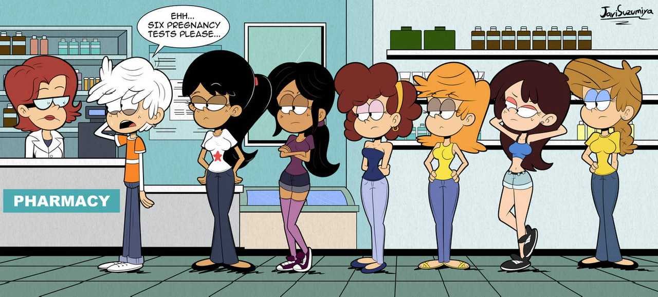 javisuzumiya, lincoln loud, ronnie anne santiago, sid chang, the loud house, christina (the loud house), fully clothed, girl jordan, multiple girls, paige (the loud house), pharmacist, pharmacy, pregnancy risk, pregnancy test, sole male, stella zhau, 
