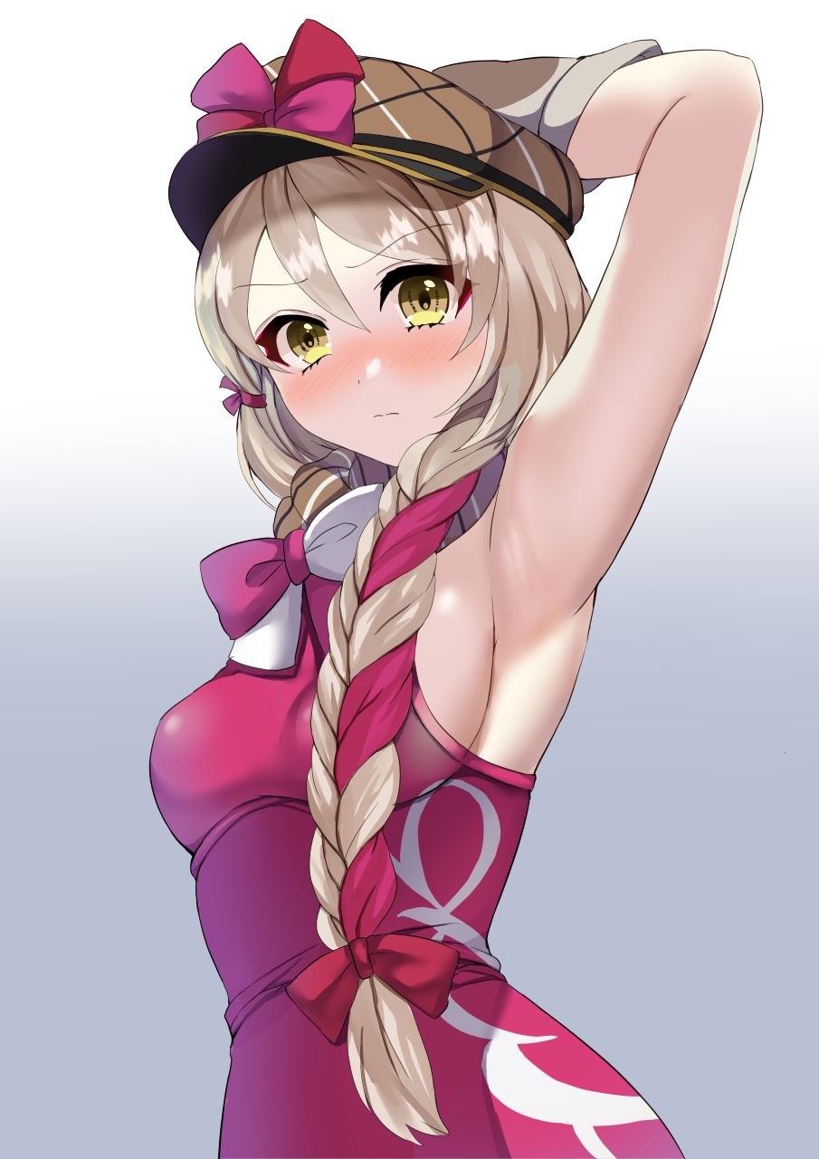 fire emblem, nintendo, 1girls, armpits, arms up, blush, braid, fire emblem engage, framme (fire emblem), goma tarata, grey hair, long hair, looking at viewer, sideboob, small breasts, solo, solo female, tight clothing, yellow eyes, 