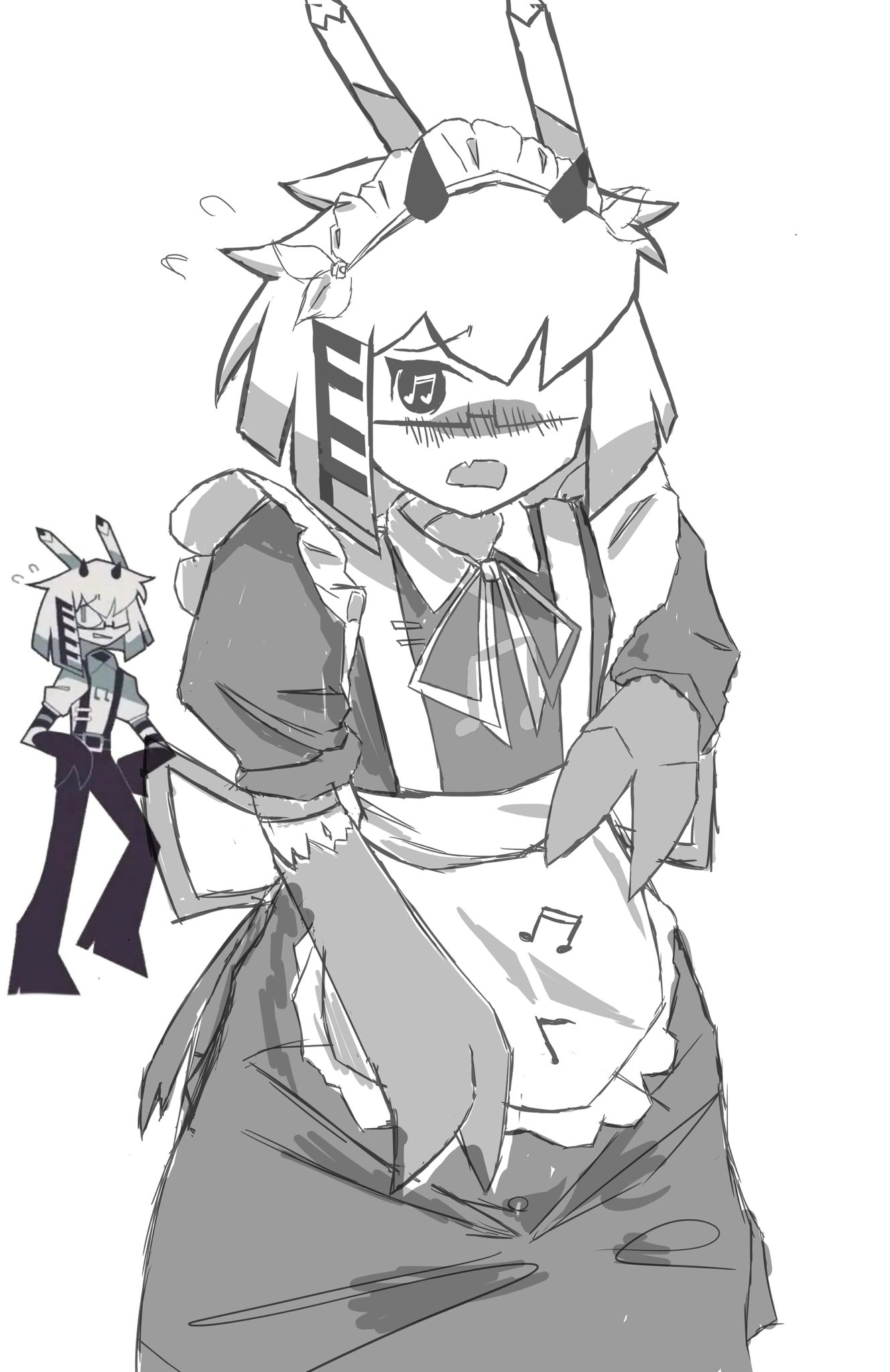 blush claws epokguyz femboy fundamental_paper_education glasses greyscale horns maid maid_outfit male mister_demi_(fundamental_paper_education) musical_note unfinished