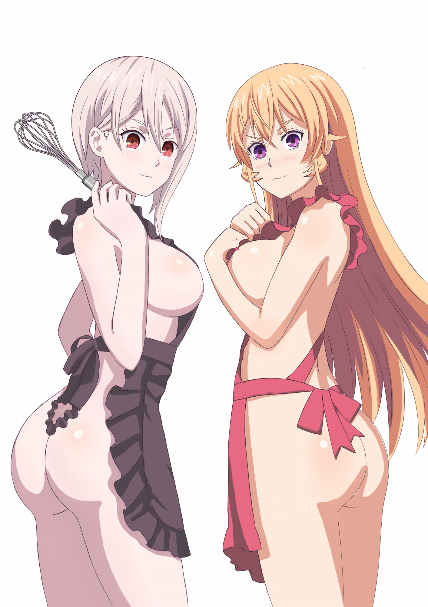 nakiri alice, nakiri erina, <b>shokugeki</b> <b>no</b> <b>souma</b>, 2girls, apron, apron only.