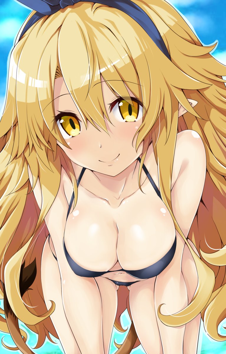 disgaea, disgaea 5, beach, bikini, bikini bottom, bikini top, breasts, cleavage, iwasi r, large breasts, leaning forward, liezerota, looking at viewer, nippon ichi software, ocean, 