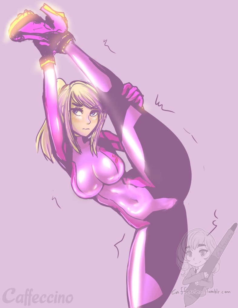 caffeccino, samus aran, zero suit samus, metroid, super smash bros., tagme, watermark, ass, big breasts, blonde hair, blue eyes, high heels, leg grab, legs up, stretching, thighs, zero suit, 