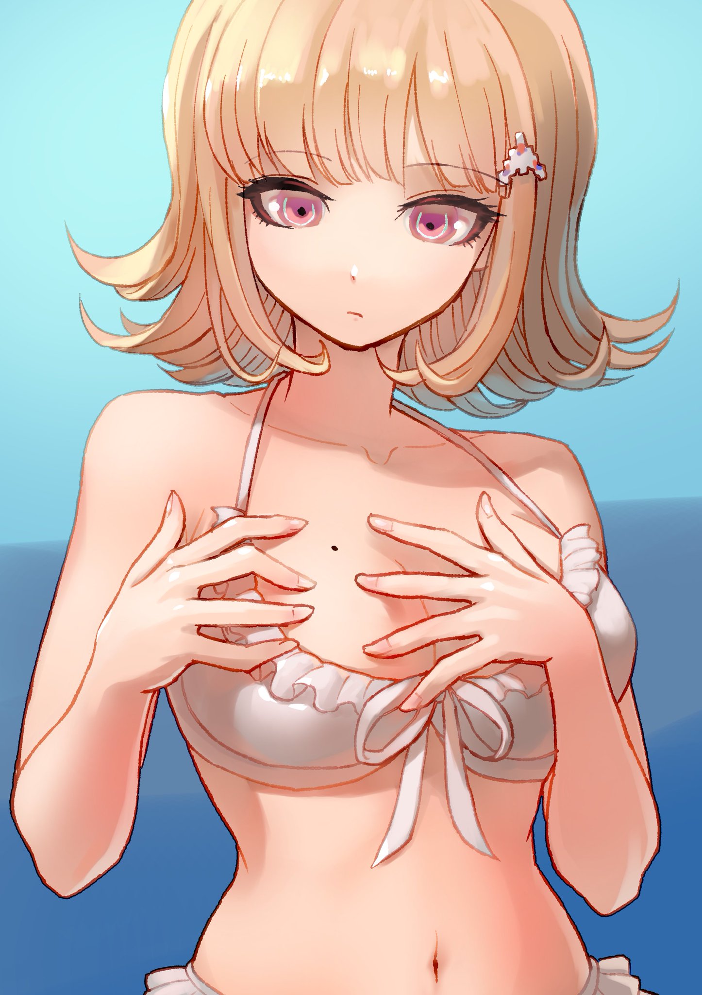 nanami chiaki, danganronpa, danganronpa 2: goodbye despair, super danganronpa 2, beach, bikini, bikini bottom, bikini top, breasts, mole, mole on breast, tsunemi aosa, 