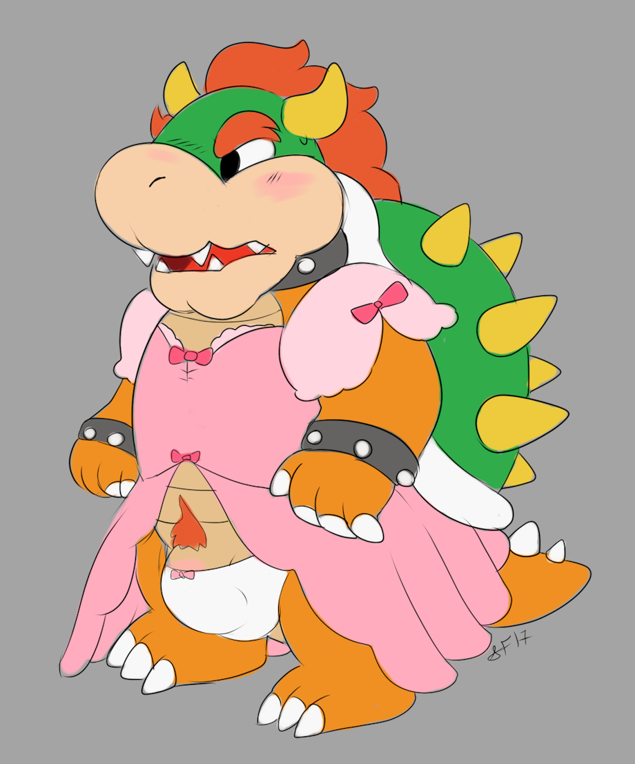 slimefur, bowser, koopa, nintendo, super mario bros., 2017, simple background, 3 toes, 4 fingers, blush, clothed, clothing, crossdressing, dress, girly, male, orange scales, panties, penis shaped bulge, pink dress, scales, scalie, shell, short tail, solo, standing, toes, underwear, video games, white panties, 