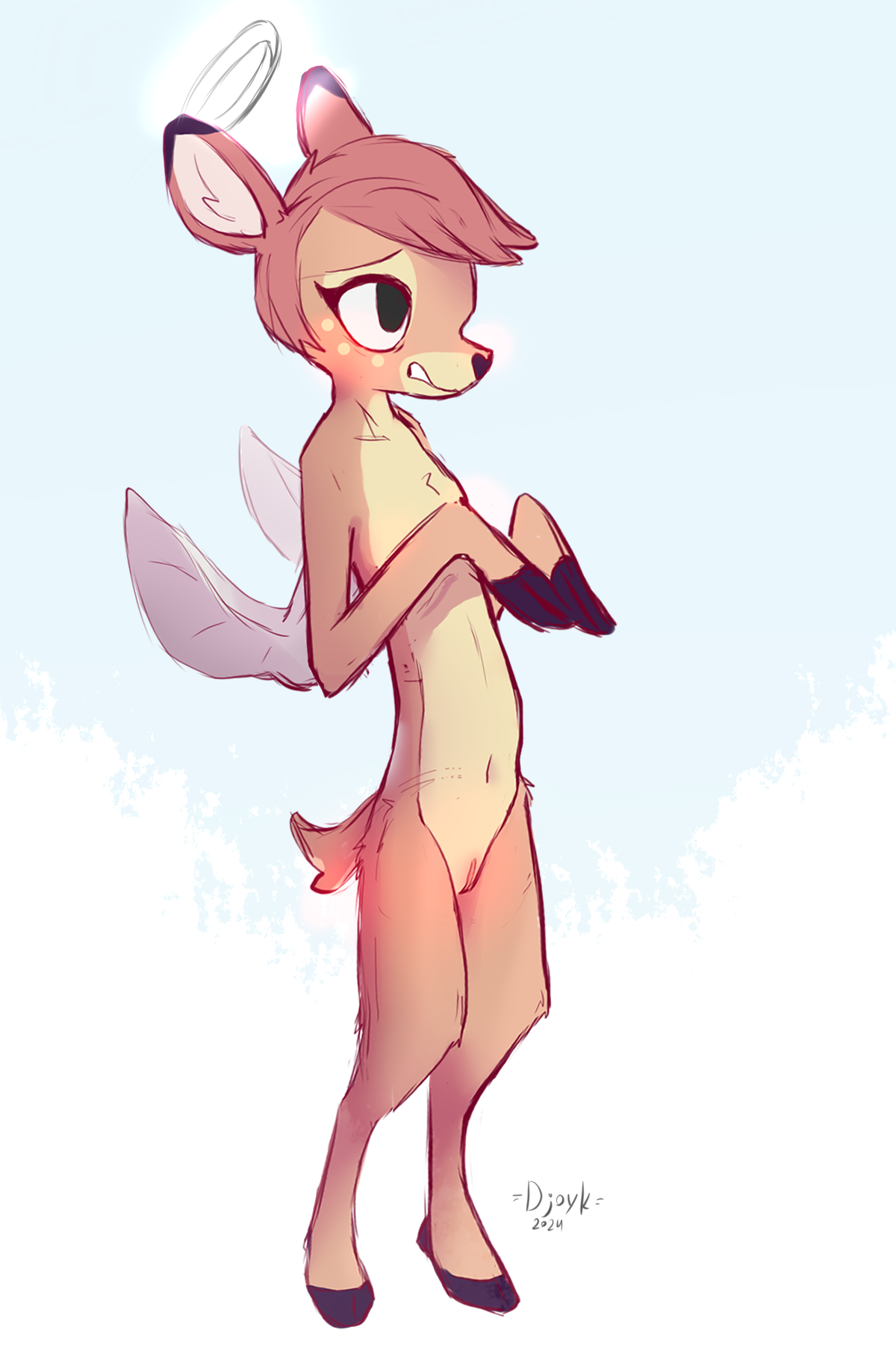 =djoyk= angel anthro blush brown_hair cherub cloud deer deerie embarrassed female flat_chested genitals hair halo helluva_boss hi_res horn mammal nude pussy redness short_hair skinny solo wings