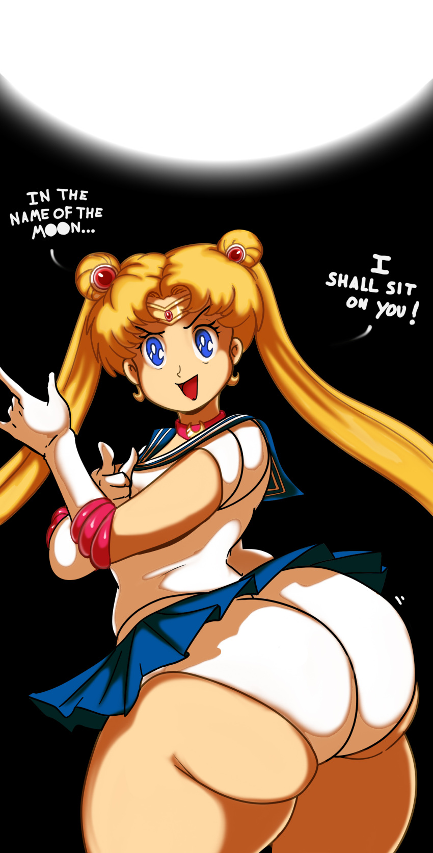 1girls ass ass_focus bare_legs big_ass big_butt bishoujo_senshi_sailor_moon blue_eyes bottom_heavy bubble_ass bubble_butt clothing dialogue fat_ass fat_butt female female_only femdom huge_ass huge_butt imminent_facesitting jrpc21 looking_at_viewer looking_back massive_ass massive_butt oddrich panties pleated_skirt round_ass round_butt sailor_moon skirt smile solo thick_thighs usagi_tsukino