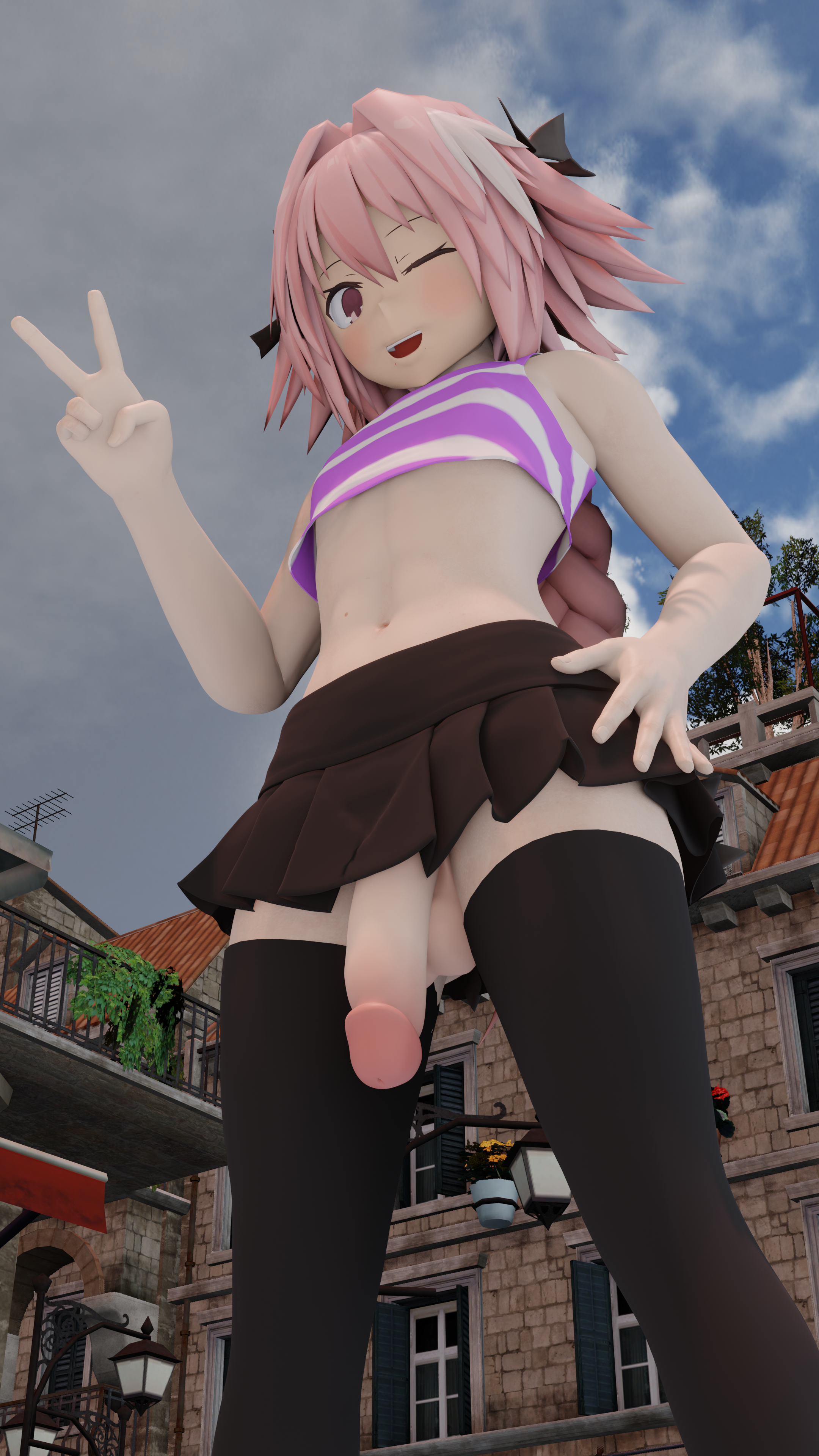 astolfo (fate), 3d, blender (software), balls, clothing, femboy, looking at viewer, peace sign, penis, pink hair, shirt, skirt, solo, solo male, stockings, 