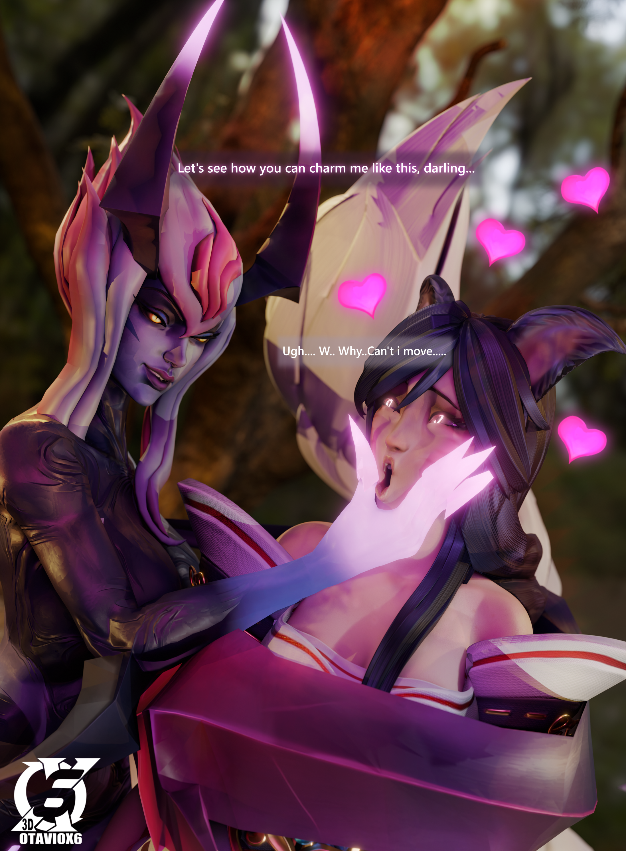 2girls 3d ahri animal_ears black_hair charmed demon evelynn face_squish female femdom fox_ears grabbing_face league_of_legends otaviox6 riot_games shocked_expression succubus text yellow_eyes