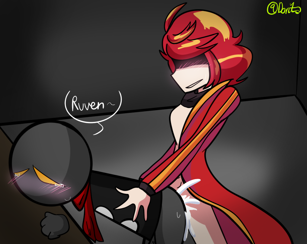 ahoge anal anal_sex ass black_scarf black_wall blush creampie cum_in_ass cumshot curly_hair face_shadow gay gay_sex grey_floor half_dressed half_naked male orange_eyes red_coat red_scarf ruvstyle shirtless_male side_view sweat table tears tears_of_pleasure vzer