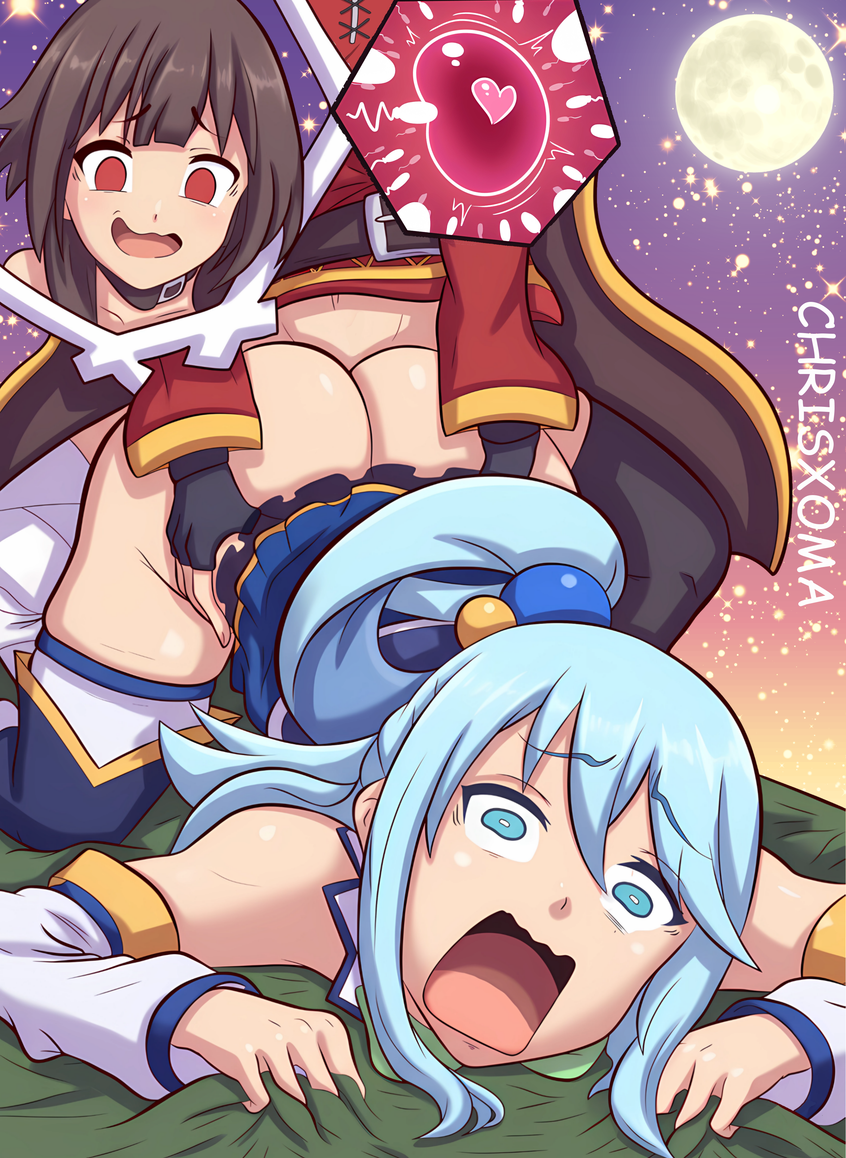1futa 1girls aqua_(konosuba) aqua_eyes aqua_hair aqua_screaming_(meme) ass bandages bangs bare_shoulders belt black_choker blue_dress blush brown_belt brown_hair cape choker chrisxoma clothed clothed_sex cum cum_in_pussy cum_inside detached_sleeves doggy_style dress duo eyebrows_visible_through_hair female fertilization futa_on_female futanari goddess hair_ornament hair_rings impregnation intersex kono_subarashii_sekai_ni_shukufuku_wo! light-skinned_female light-skinned_futa light_skin long_hair long_sleeves megumin moon open_mouth outdoors panel red_dress red_eyes sex thighhighs vaginal_penetration white_thighhighs