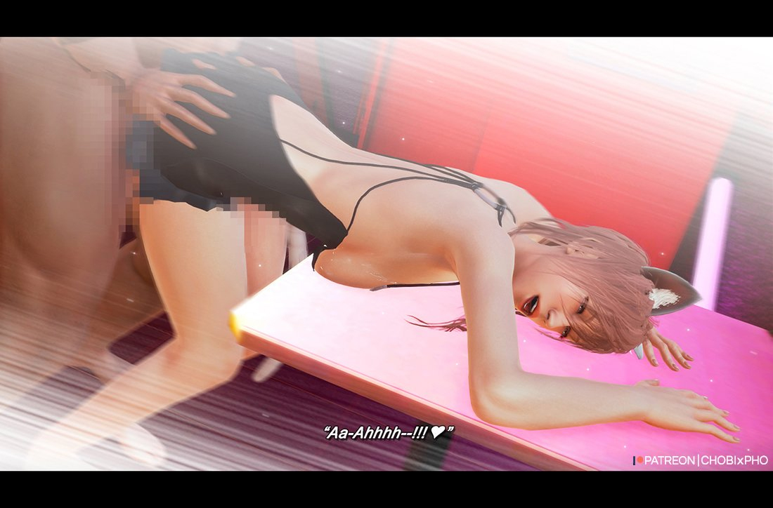 chobixpho, eclair farron, lightning, final fantasy, lightning returns: final fantasy xiii, 3d, censored, patreon, text, watermark, 1boy, 1girls, ass, black border, breasts, cat ears, cosplay, dark-skinned male, dark skin, heart, interracial, sex, 