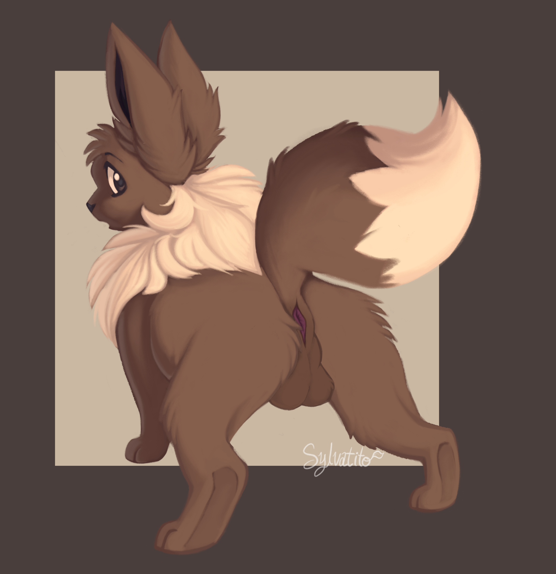 eevee, pokemon (species), nintendo, hi res, anus, ass, backsack, balls, canid, canine, felid, feline, feral, fluffy, furry balls, generation 1 pokemon, genitals, male, mammal, pokemon, rear view, solo, surprise, sylvatito, 