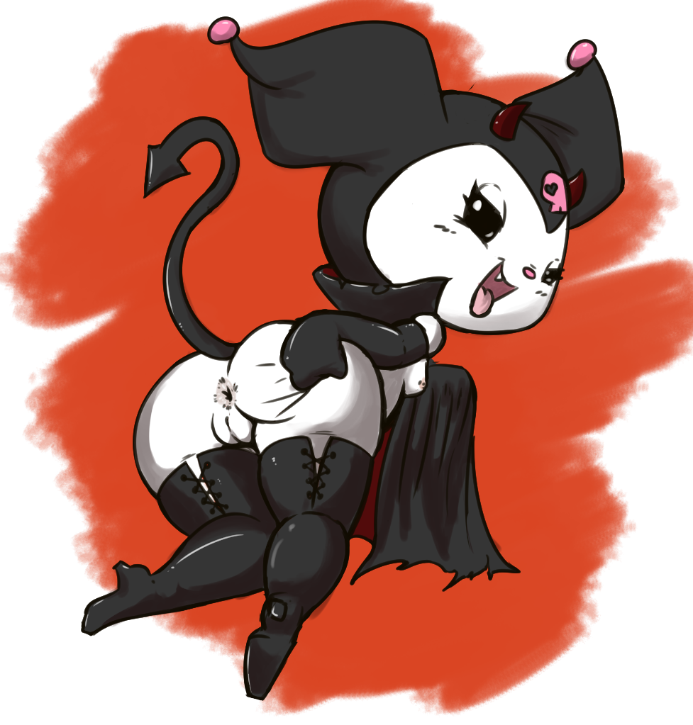 vono, kuromi, sanrio, 2018, all fours, anthro, anus, ass, bedroom eyes, boots, breasts, cape, clothing, fangs, female, footwear, fur, half-closed eyes, high heels, horn, lagomorph, looking at viewer, looking back, mammal, nipples, nude, open mouth, please my melody, presenting, presenting hindquarters, pussy, rabbit, raised tail, rear view, seductive, shoes, solo, spread anus, spreading, white fur, 