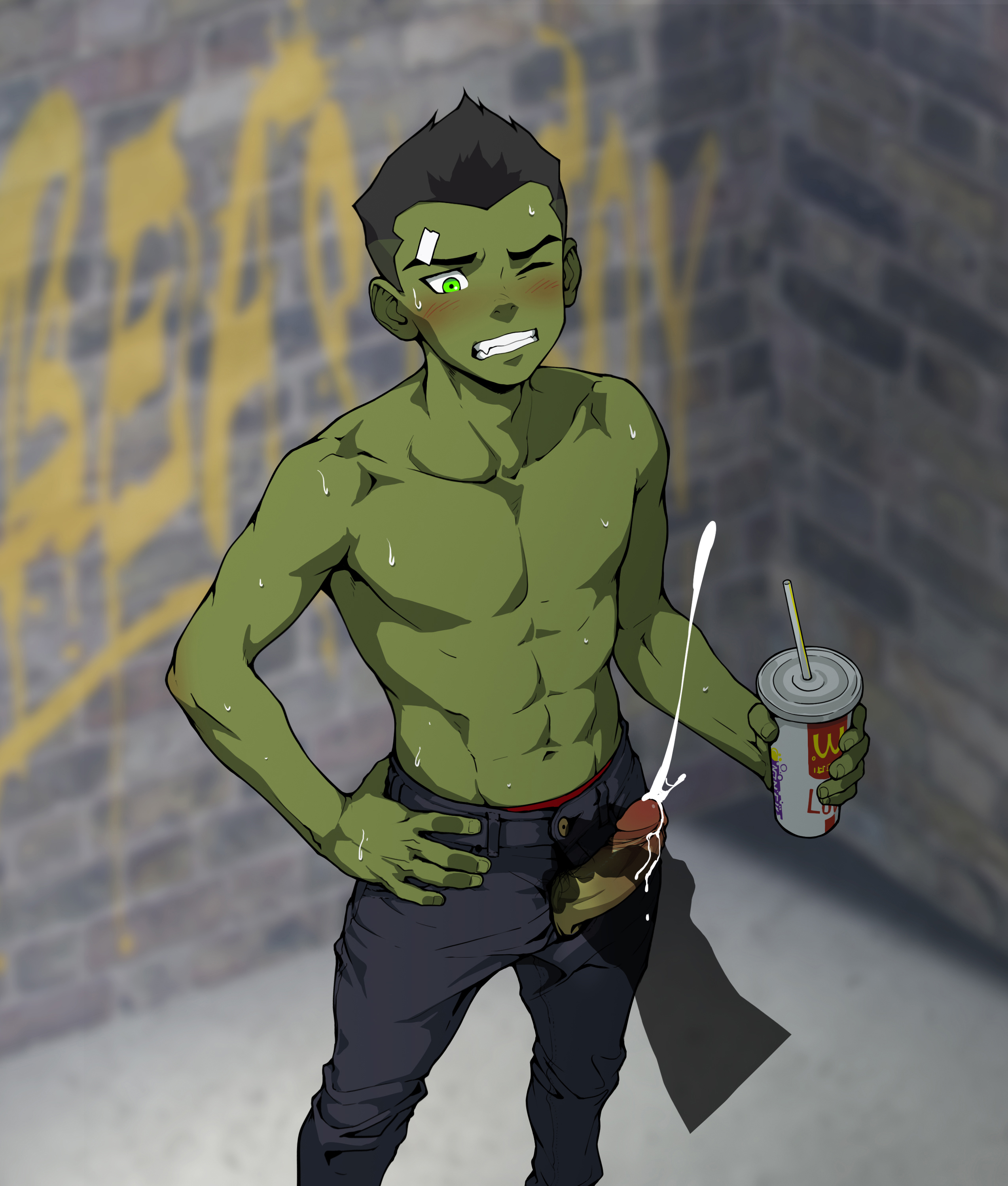 betm, beast boy, garfield logan, young justice, beast boy (young justice), cum, cum blast, cumming, gay, gay sex, green, green body, green eyes, green hair, green skin, nsfw, sweat, sweating, sweaty, sweaty body, yaoi, young justice: outsiders, 