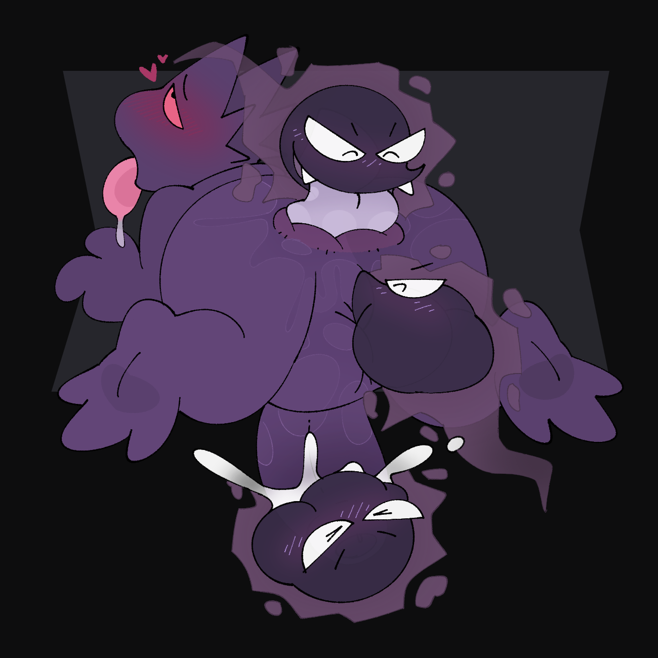gastly, gengar, nintendo, 1:1, hi res, simple background, all fours, ambiguous gender, anal, anus, ball lick, balls, biped, birdvian, blush, bodily fluids, cum, erection, eye roll, fellatio, feral, genital fluids, genitals, group, heart, irrumatio, licking, looking pleasured, male, male/ambiguous, open mouth, oral, penile, penis, pokemon, rear view, rimming, saliva, sex, smile, throat swabbing, tongue, tongue out, video games, 