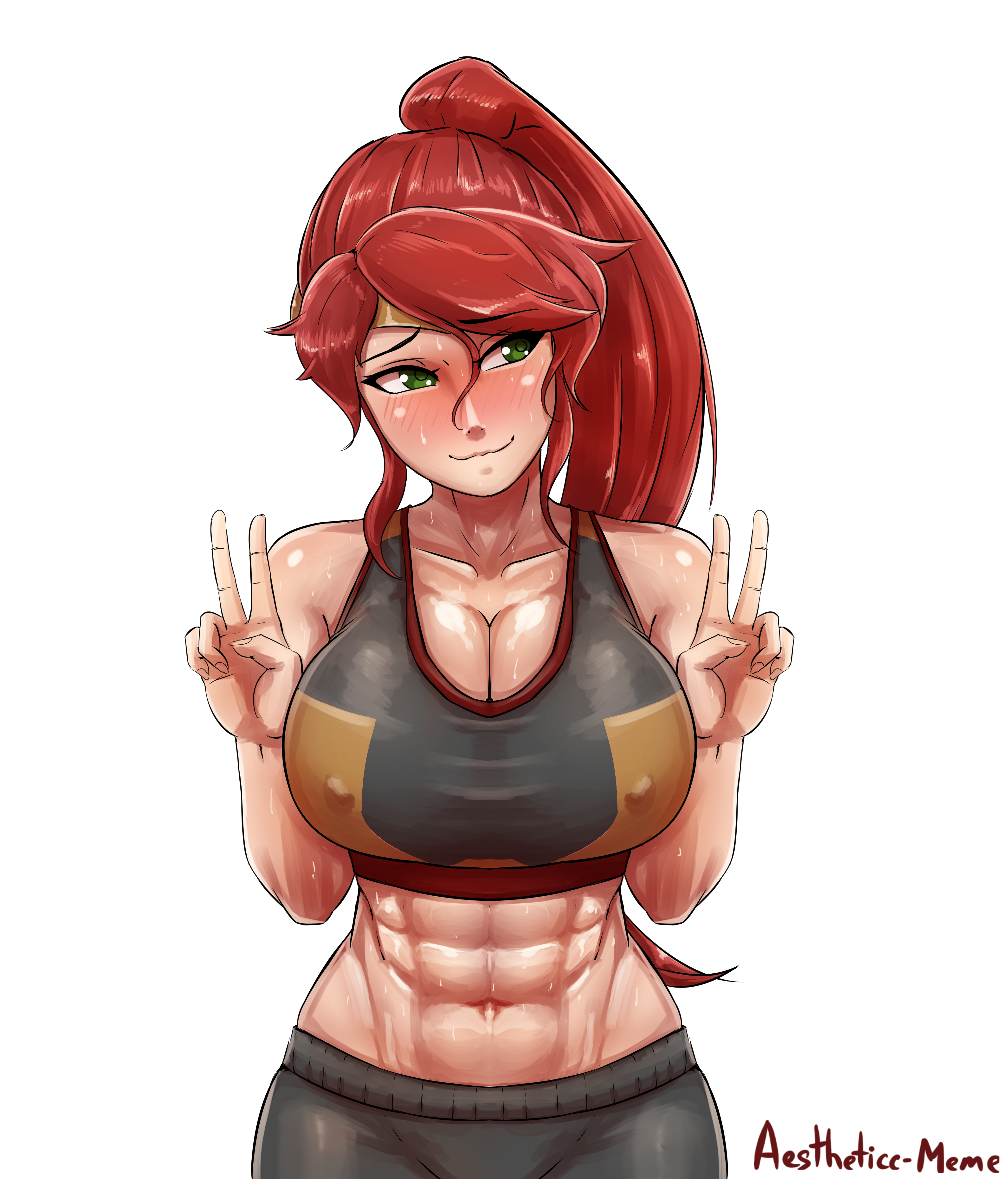 aestheticc-meme, pyrrha nikos, rwby, absurdres, highres, 1girls, abs, big breasts, blush, breasts, cleavage, female, female only, large breasts, muscles, muscular, muscular female, red hair, solo, tank top, toned female, v, 