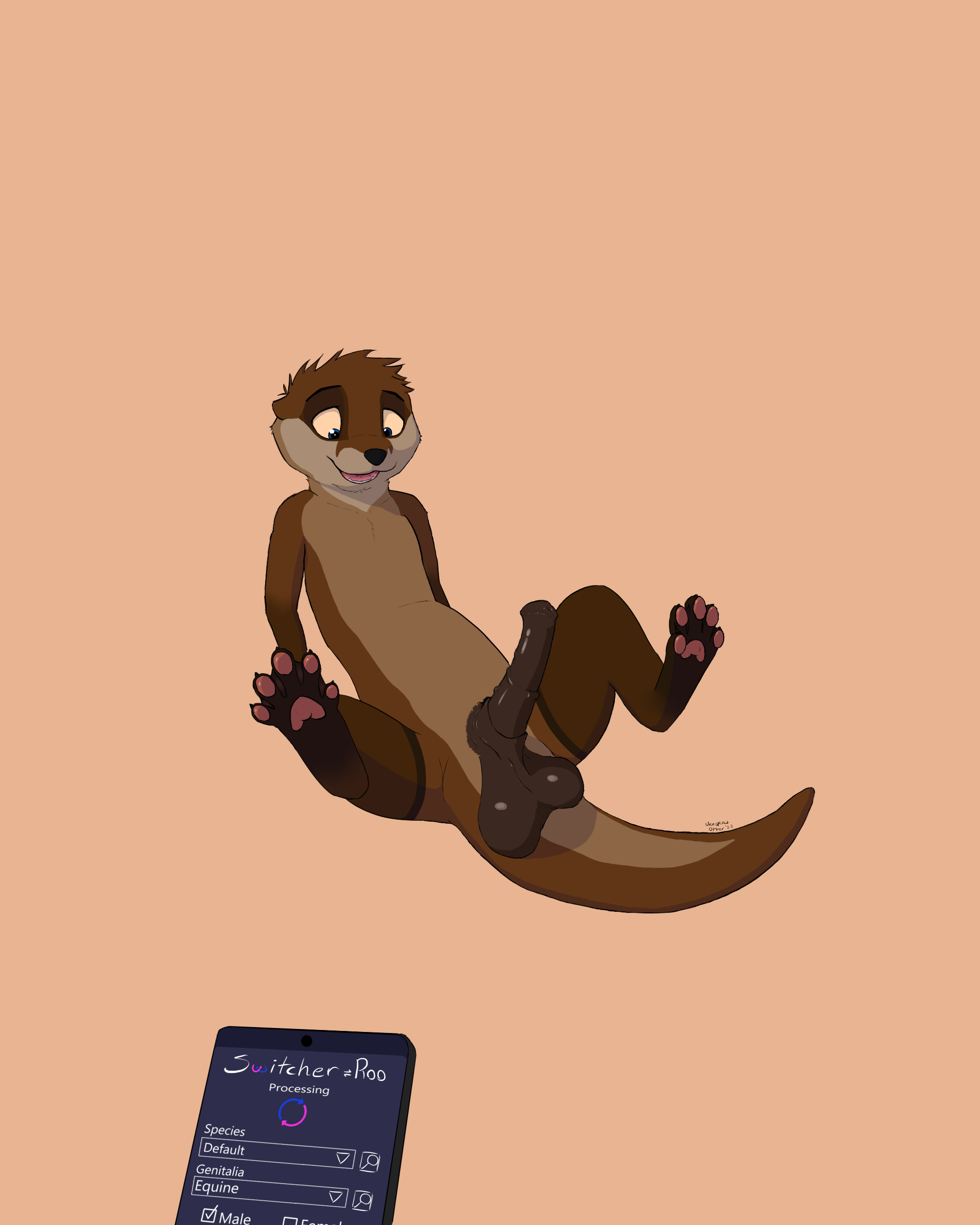 absurd res, hi res, shaded, simple background, alex (uninspired otter), animal genitalia, animal penis, balls, big balls, blue eyes, brown body, brown fur, cel shading, claws, equine penis, facial markings, feet, foot focus, fur, fur markings, genital growth, genital transformation, genitals, grey claws, growth, head markings, huge balls, leg markings, looking at genitalia, looking at penis, looking at self, looking down, lutrine, lying, male, mammal, markings, medial ring, membrane (anatomy), mustelid, on back, pawpads, penis, pink pawpads, presenting, semi-anthro, solo, spread legs, spreading, switcher-roo, thigh markings, transformation, uninspired otter, unseen character, webbed feet, 