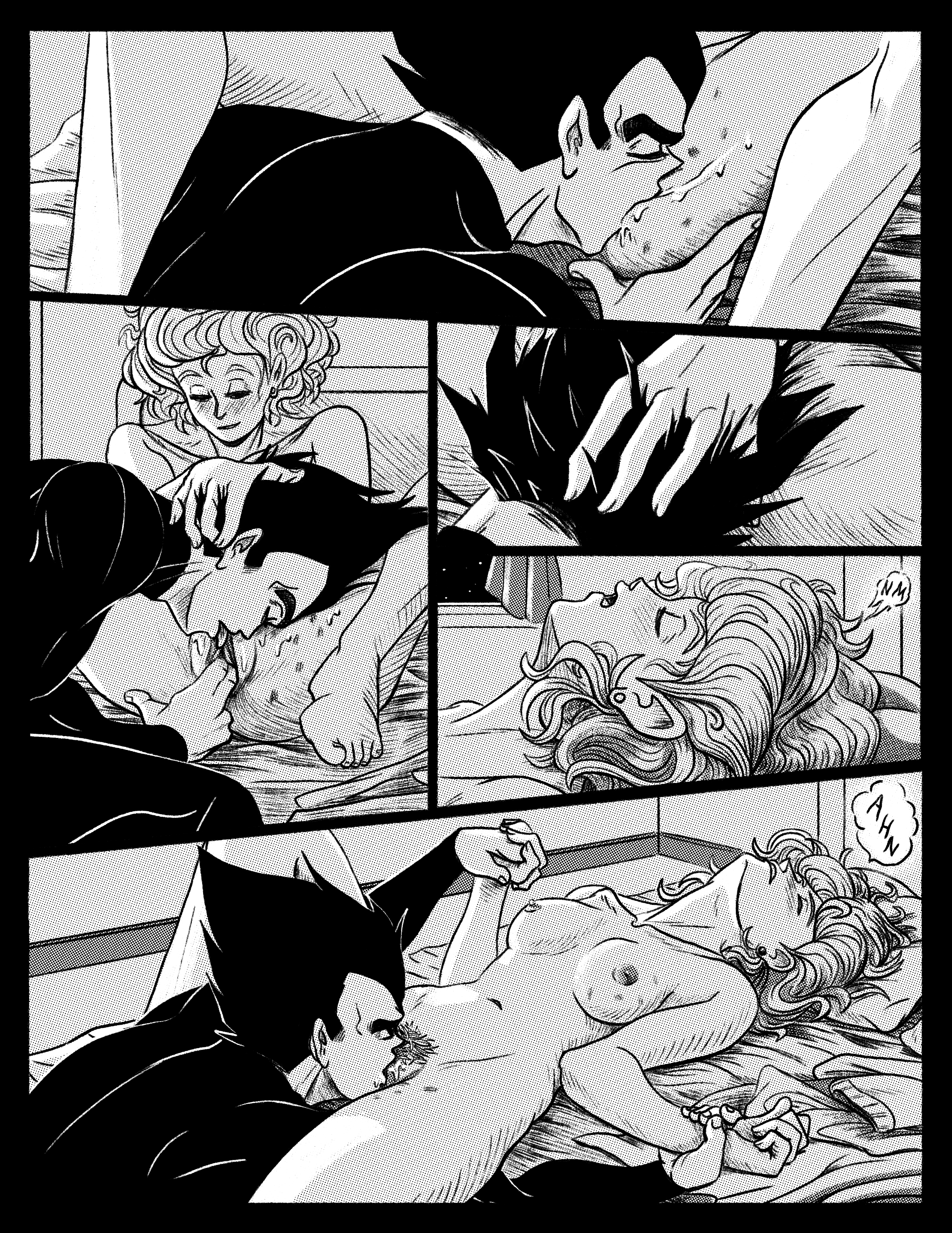 dfafterdark, bulma briefs, vegeta, dragon ball super, dragon ball z, black and white, comic, comic page, speech bubble, text, 1boy, 1girls, 2023, areolae, blush, breasts, canon couple, clothed male nude female, cunnilingus, curly hair, dialogue, female, fingering, head grab, male, nipples, nude, oral, pubic hair, pussy, pussy juice, romantic, short hair, straight, 