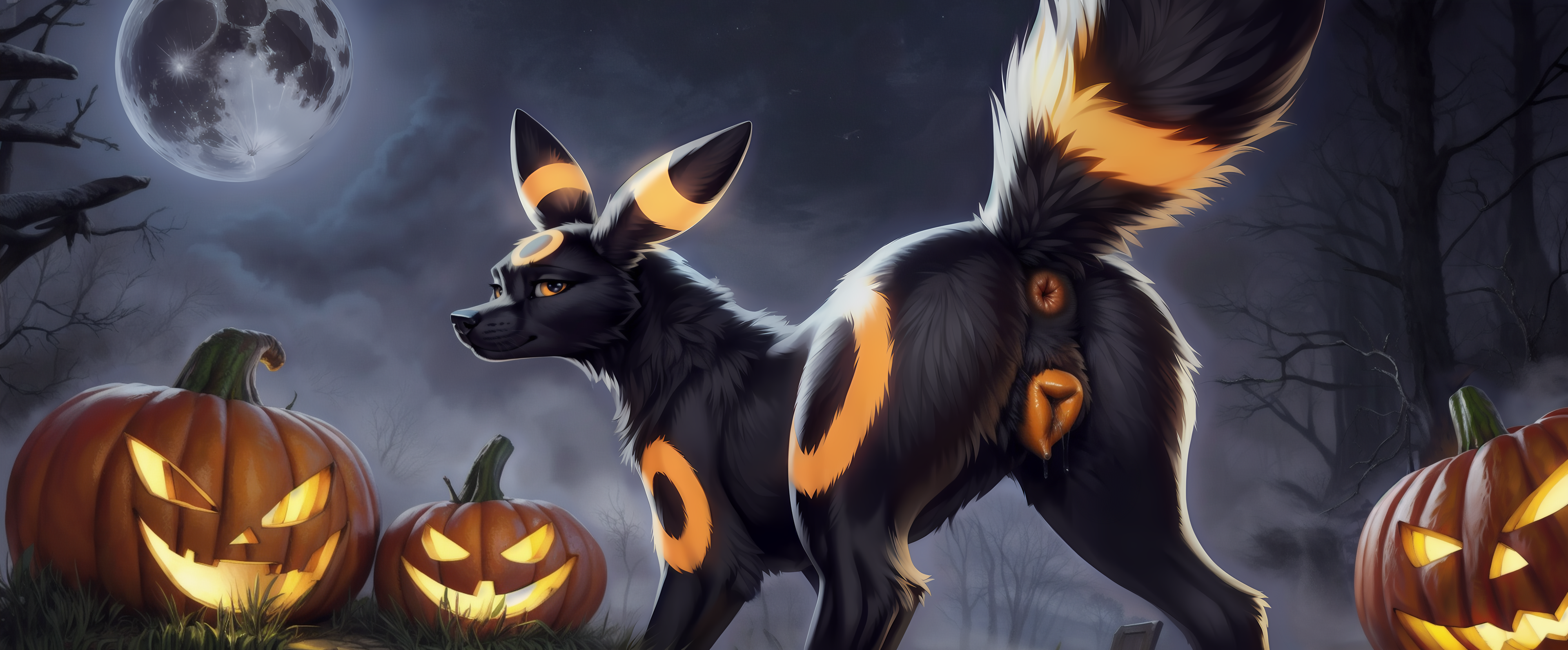 eeveelution, pokemon (species), umbreon, absurd res, hi res, ai generated, anatomically correct, anatomically correct genitalia, animal genitalia, animal pussy, anus, ass, bodily fluids, canid, canine, canine pussy, detailed, detailed background, detailed fur, director firewolf, female, feral, fog, full moon, furryrock (model), generation 2 pokemon, genital fluids, genitals, grass, jack-o'-lantern, looking at viewer, looking back, looking back at viewer, mammal, moon, night, plant, presenting, presenting hindquarters, pussy, pussy juice, raised tail, solo, tree, widescreen, 
