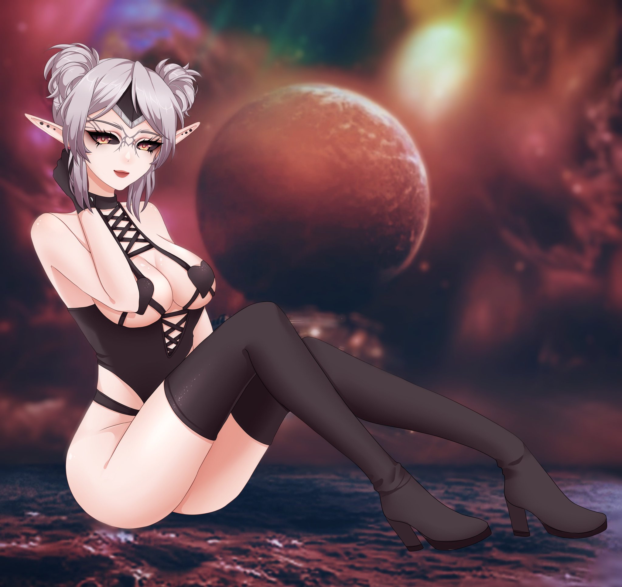 virtual youtuber, 1girls, alien, alien girl, big breasts, breasts, clothed, clothing, face markings, face tattoo, female, female only, galaxy, galexi, grey hair, heel boots, indie virtual youtuber, light-skinned female, light skin, looking at viewer, markings, planet, pointy ears, revealing clothes, seductive, skimpy clothes, smile, solo, space, space background, tattoos, telzhandris, yellow eyes, 