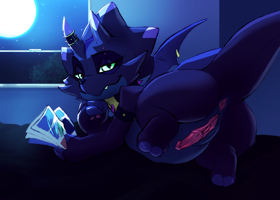 digimon (species), bandai namco, digimon, anthrk, anthro, anus, ass, bedroom eyes, black body, bracelet, erection, gammamon, genitals, green eyes, horn, intersex, jewelry, kuroigammamon, looking at viewer, maleherm, narrowed eyes, penis, piercing, presenting, presenting anus, seductive, solo, wings, 