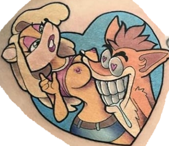 crash bandicoot, tawna bandicoot, crash (series), breasts, couple (disambiguation), drooling, female, humor, male, saliva, straight, surprise, tattoo, video games, 