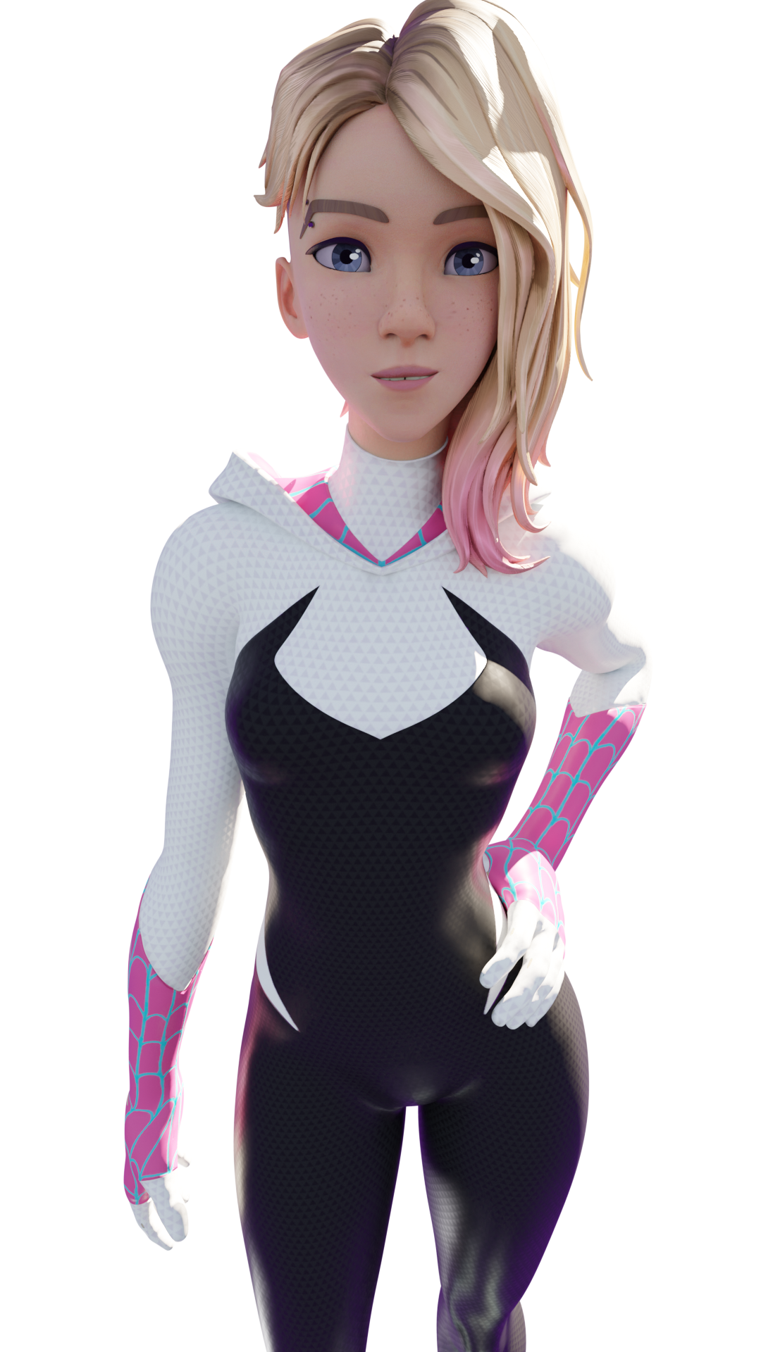 1girls 3d alternate_version_available blender_(software) blonde_hair blue_eyes breasts clothed clothing eyebrow_piercing female fully_clothed gwen_stacy marvel marvel_comics medium_breasts shaved_side solo spider-gwen spider-man:_across_the_spider-verse spider-man:_into_the_spider-verse spider-man_(series) superhero superhero_costume superheroine
