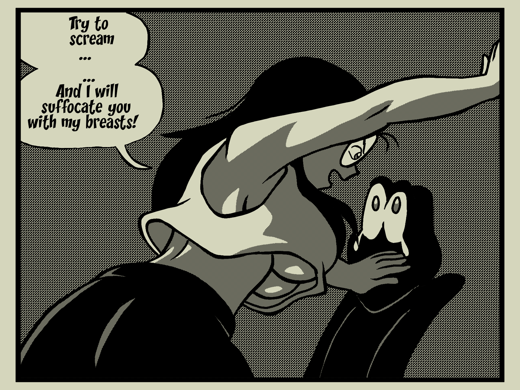 1boy 1girls 1male1female ass below_view big_breasts black_and_white black_hair breasts brown_hair darkness female hand_in_mouth hand_on_another's_head katarina_esmeralda looking_each_other male manga manga_style meme meme_reference menacing monochrome oc original_character parody resisting scared shadow speech speech_bubble text text_bubble threat tight_skirt trying_to_resist unknown_male white_and_black