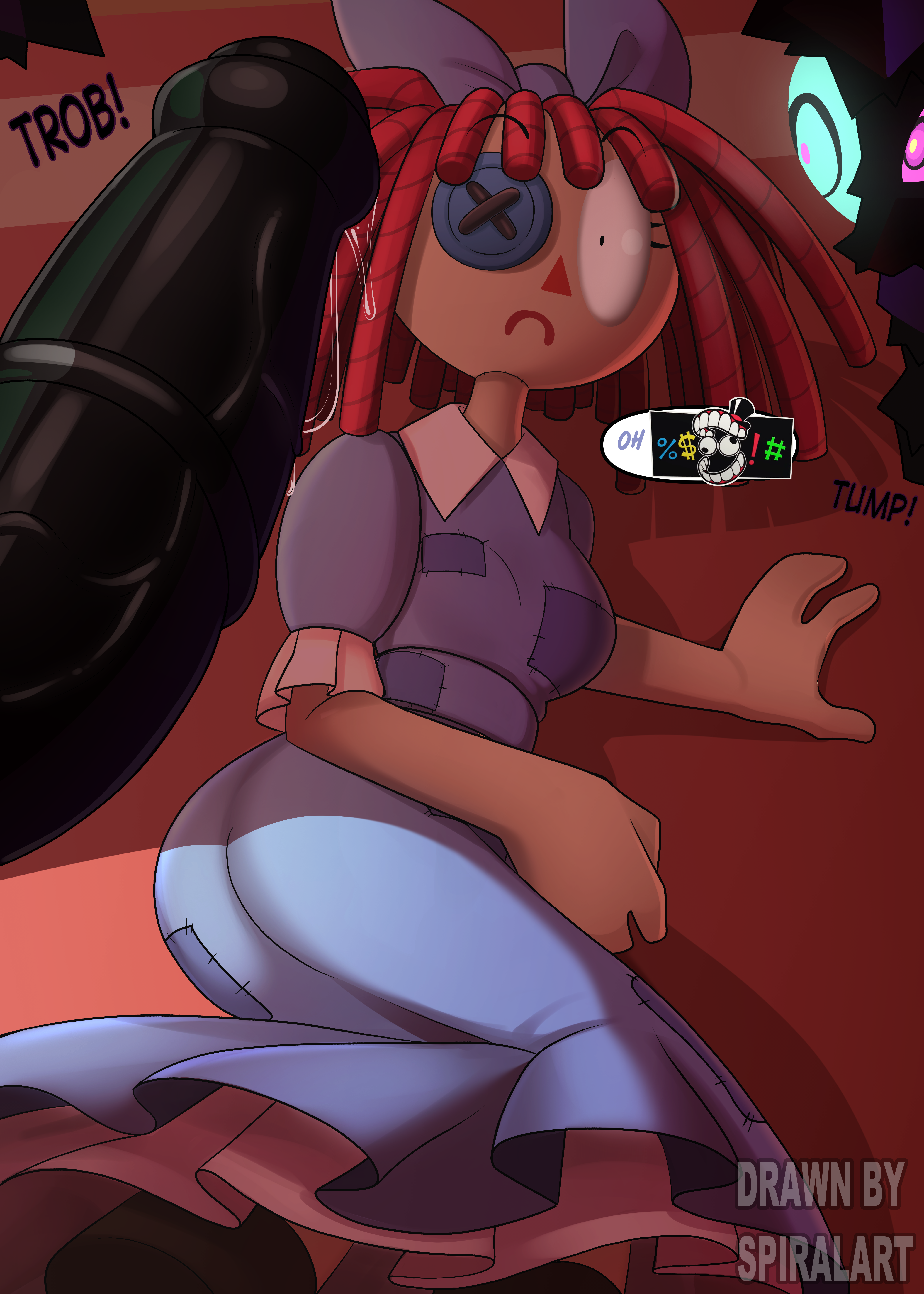 bow button button_eye coily_hair comic curly_hair doll dress imminent_rape imminent_sex on_floor on_side ragatha_(the_amazing_digital_circus) ragdoll red_hair spiralart tagme the_amazing_digital_circus