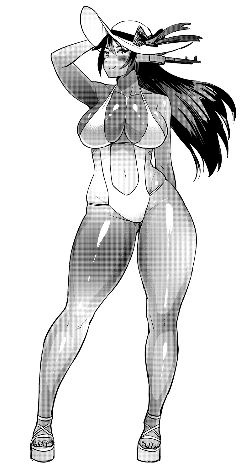 synecdoche, nagato (kantai collection), kantai collection, greyscale, highres, monochrome, simple background, white background, 1girls, big breasts, blush, breasts, cleavage, curvy, dark skin, female, female only, full body, hat, headgear, large breasts, long hair, looking at viewer, navel, sandals, smile, solo, sun hat, swimsuit, thick thighs, 