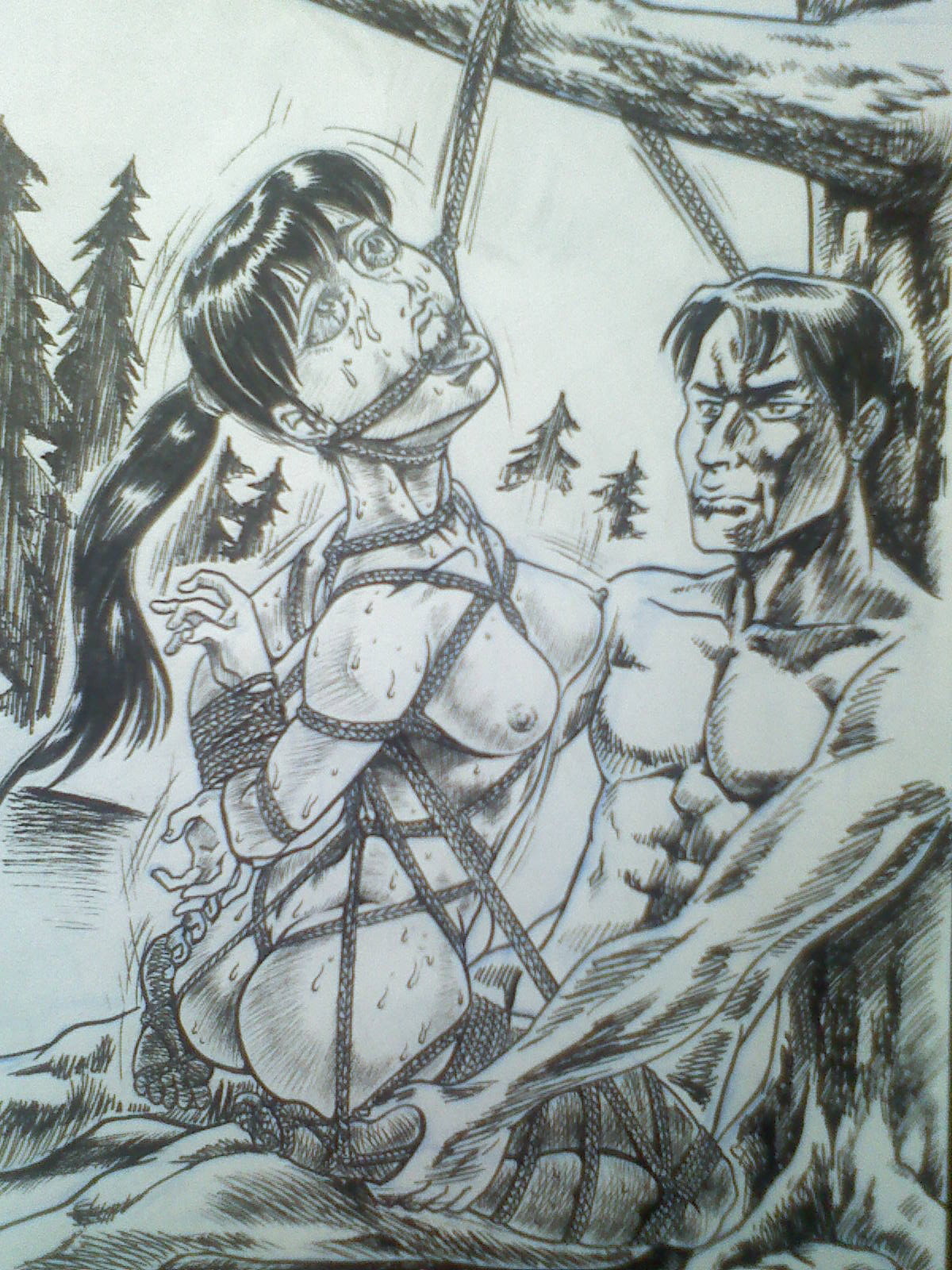 monochrome, 1boy, bondage, breast bondage, breasts, female, gag, nipples, outdoors, rope, straight, 