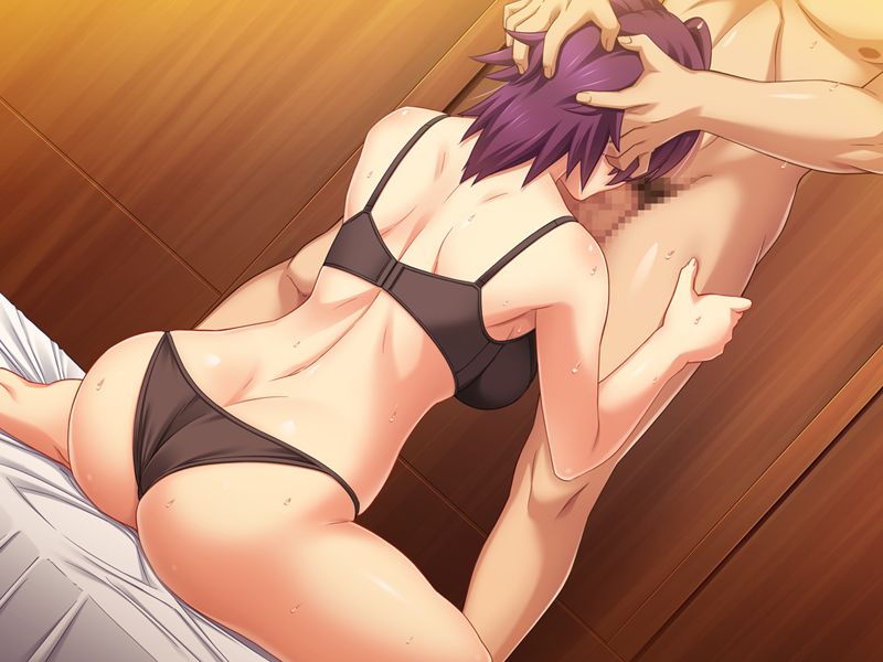 gentle sasaki, censored, game cg, highres, ass, azuma marina, back, backboob, bed, black bra, black panties, bra, breasts, fellatio, female, hand on head, implied fellatio, legs, oral, panties, penis, purple hair, short hair, sitting, standing, sweat, thighs, underwear, 