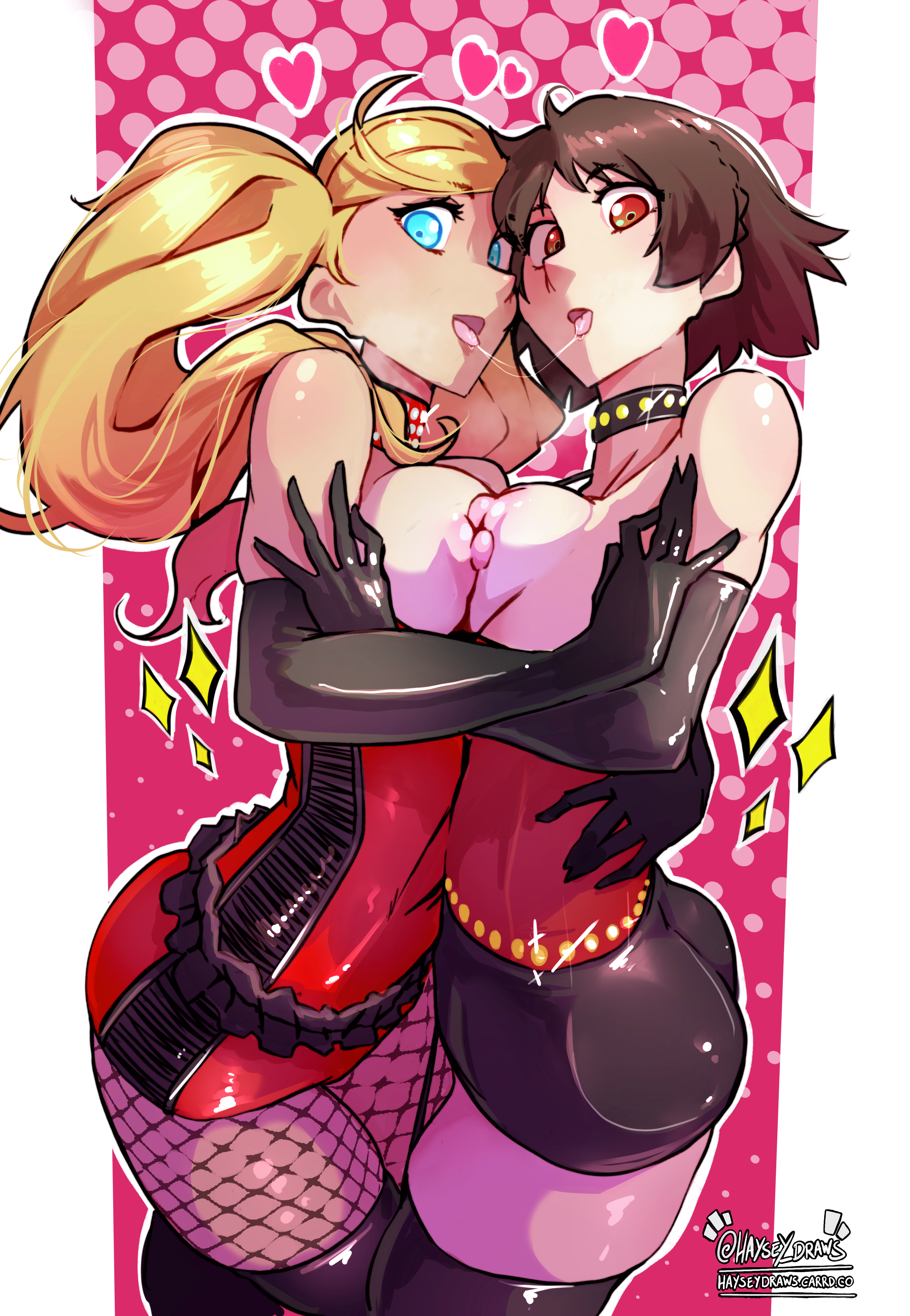 ann takamaki, makoto niijima, persona, persona 5, high resolution, large filesize, very high resolution, 2girls, ass, black gloves, blonde hair, blue eyes, blush, breast-to-breast, breast press, breasts, brown hair, choker, clothing, collar, elbow gloves, embracing, female, fishnets, gloves, haysey draws, heart, hug, large breasts, legwear, long hair, looking at viewer, multiple girls, niijima makoto, nipples, open mouth, pantyhose, red eyes, saliva, saliva trail, short hair, symbol-shaped pupils, symmetrical docking, takamaki anne, thighhighs, tied hair, tongue, topless, twintails, yuri, 