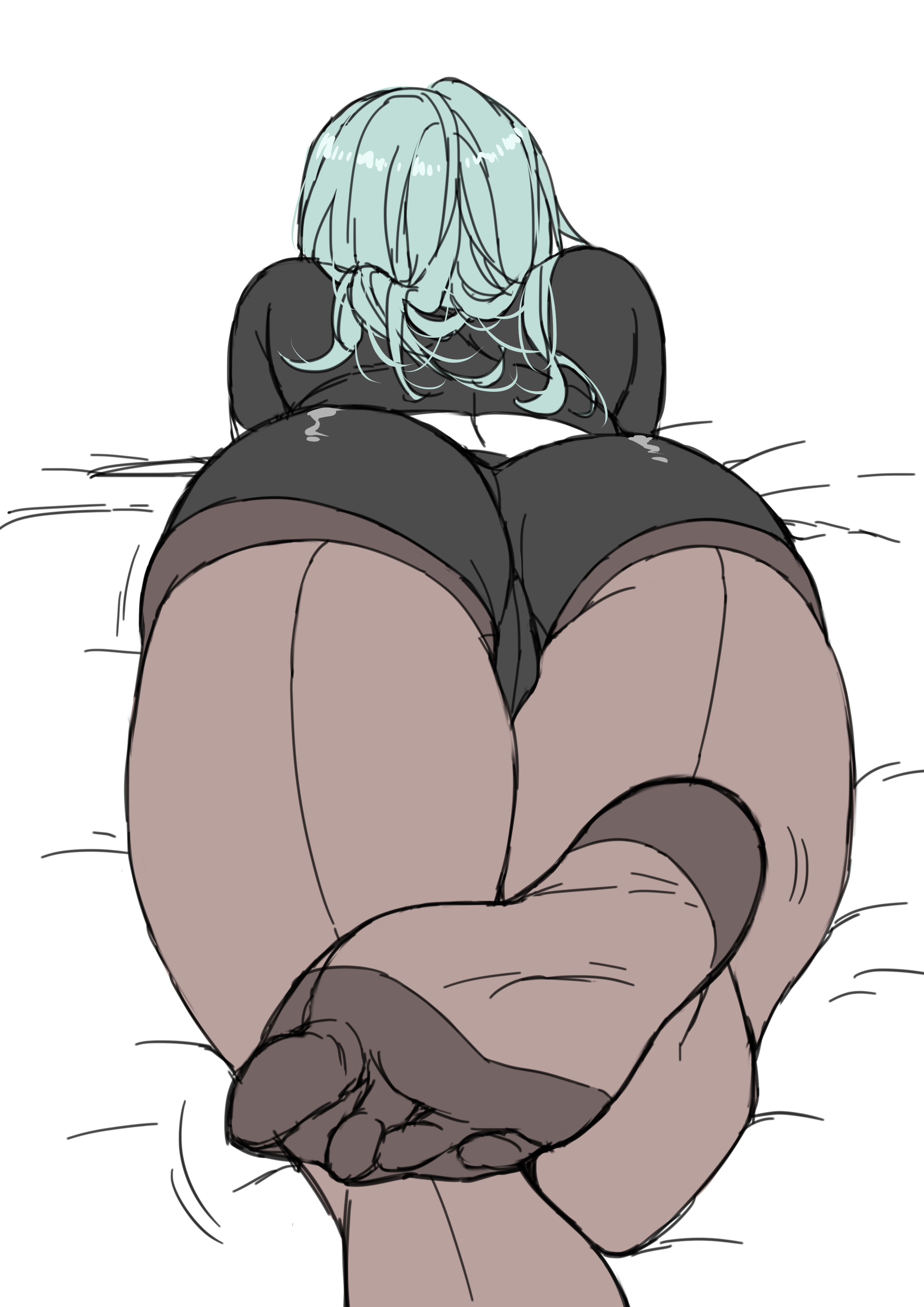 byleth (fire emblem), byleth (fire emblem) (female), fire emblem, fire emblem: three houses, nintendo, 1girls, ass, ass focus, female, female only, green hair, karakamayo, large ass, on bed, on stomach, pantyhose, solo, thighs, 