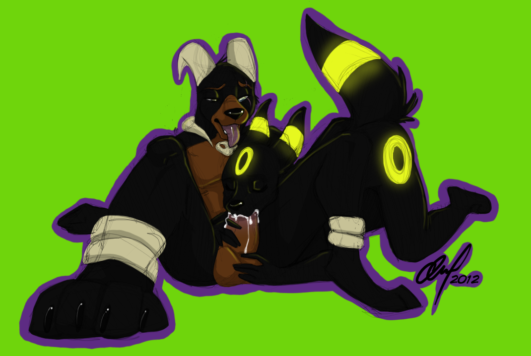 rainbowdeathbat, houndoom, umbreon, color, anthro, cum, fellatio, female, fur, furry, horns, insertion, interspecies, male, nude, oral, penis, pokemon, sitting, testicles, 