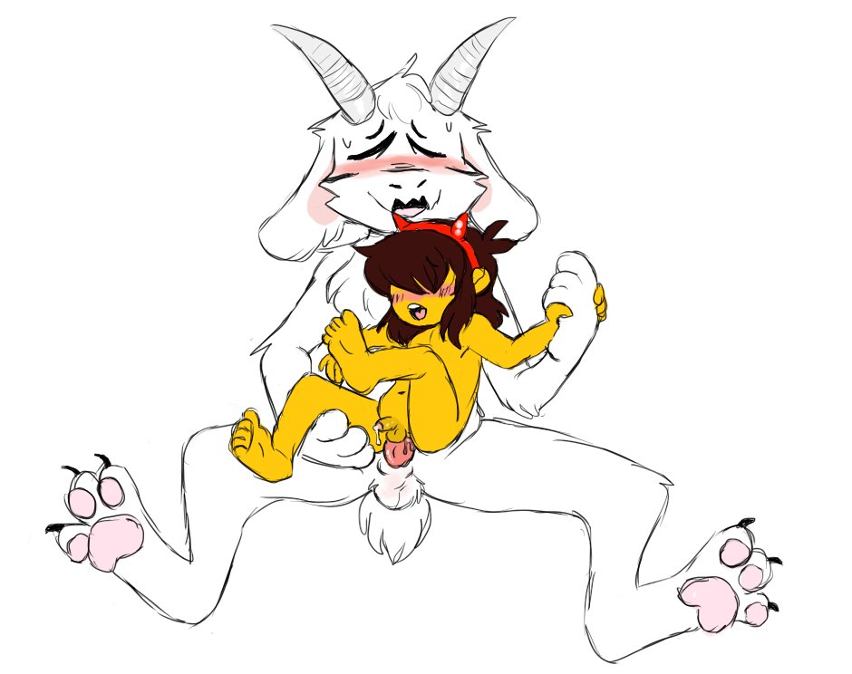 asriel dreemurr, kris (deltarune), deltarune, undertale, 2 horns, 3 toes, accessory, anal, anal sex, animal genitalia, animal penis, anthro, anthro penetrating, anthro penetrating human, axeyopissum, balls, blush, bodily fluids, bovid, brown hair, caprine, chest tuft, closed eyes, cum, cum in ass, cum inside, digitigrade, fake horns, feet, fur, genital fluids, genitals, hair, hair accessory, hairband, hand holding, horn, human, human on anthro, human penetrated, interspecies, larger anthro, lolicon, long ears, male, male/male, male anthro, male penetrated, male penetrating, male penetrating male, mammal, monster, pawpads, penetration, penile, penile penetration, penis, penis in ass, sex, sheath, short tail, size difference, smaller human, smaller penetrated, toes, tuft, undertale (series), video games, white body, white fur, young, 