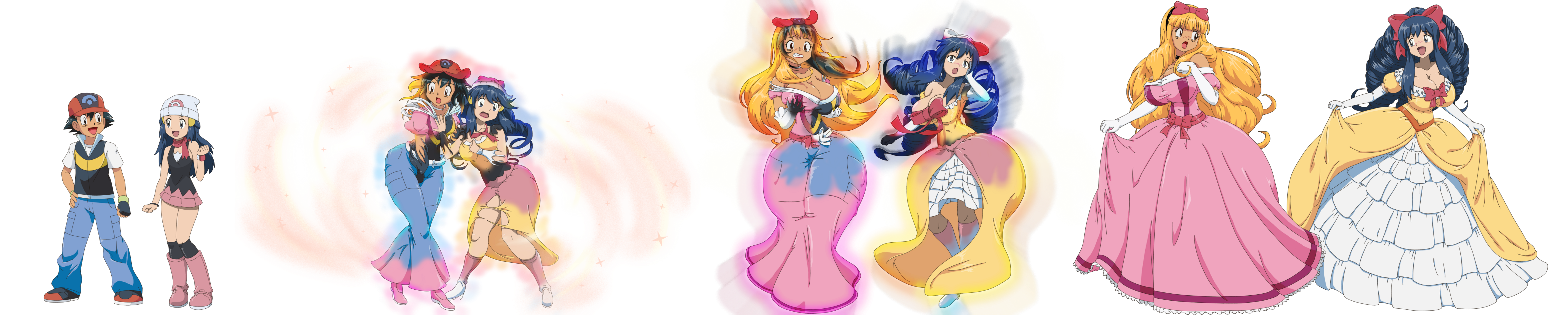 big_breasts black_hair blonde-haired_female blonde_female blonde_hair blonde_hair_female blue_eyes blue_hair bow breast_expansion breasts brown_eyes cleavage curly_hair dawn_(pokemon) dress gender_transformation gloves hair hair_ribbon high_heels long_hair mankor pokemon princessification ribbon ribbon_in_hair satoshi_(pokemon) transformation transformation_sequence